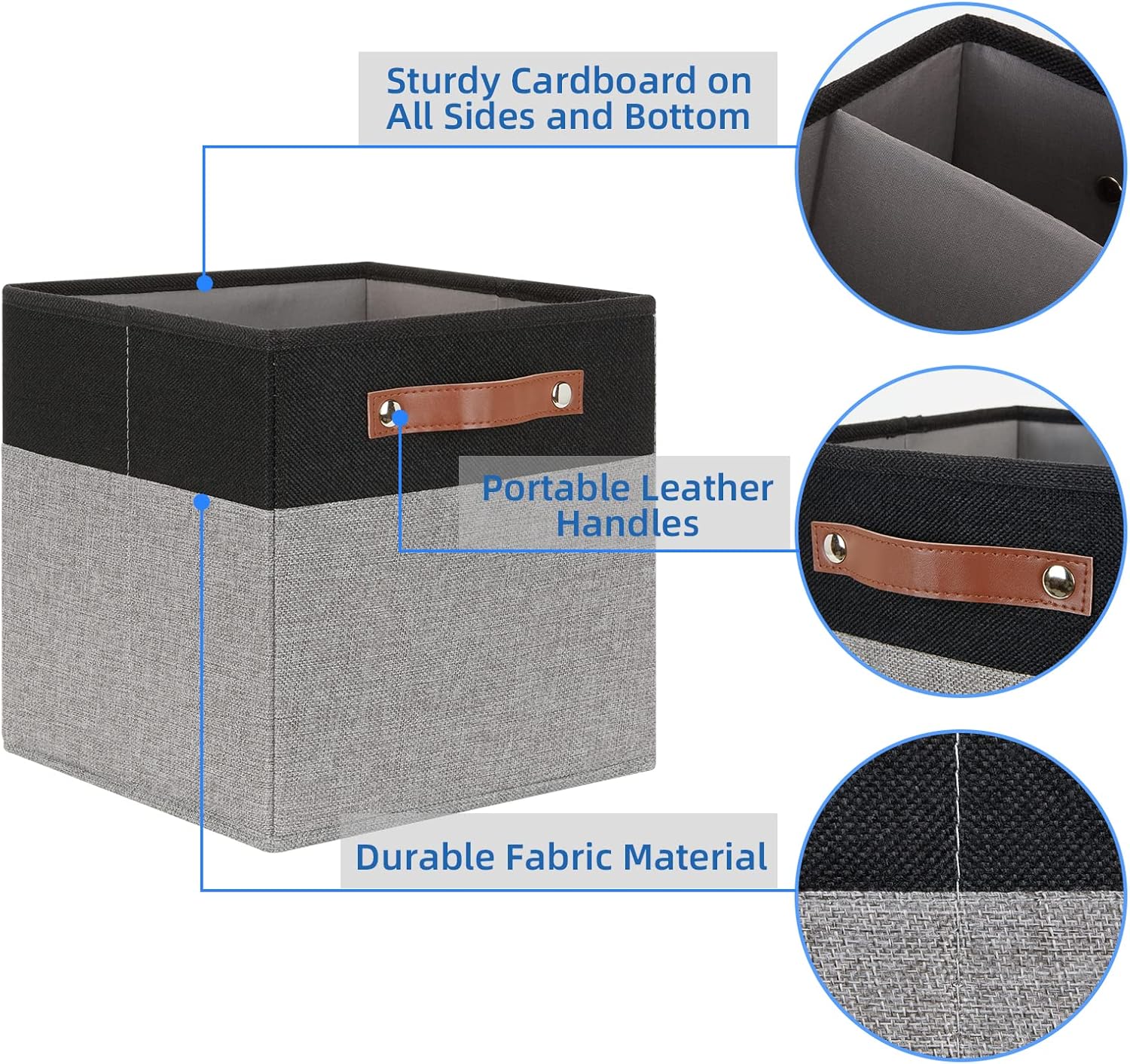 Temary 11 x 11 Cube Storage Bins Fabric Storage Cubes for Shelf, Closet, 4 Pack Cube Basket for Clothes, Storage Cube Bins with Leather Handles(Black&Grey)