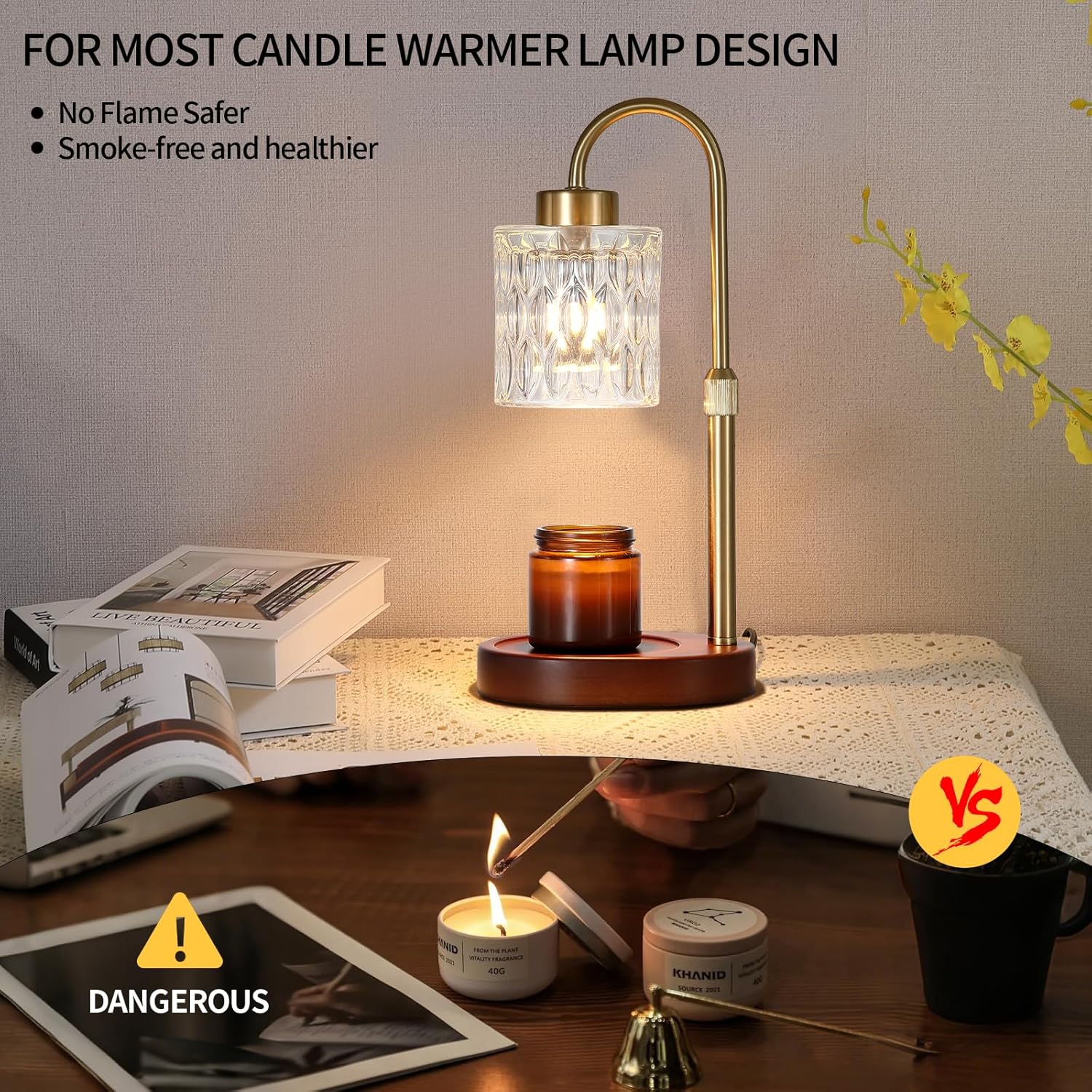 Candle Warmer Lamp with Dimmer and Timer,Home Decor Lamp for Scented Jar,Antique Brass Electric Wax Melt Warmer,Mother's Day/Birthday/Christmas Gifts for Mom/Wife,Adjustable Height,with 2 Bulbs