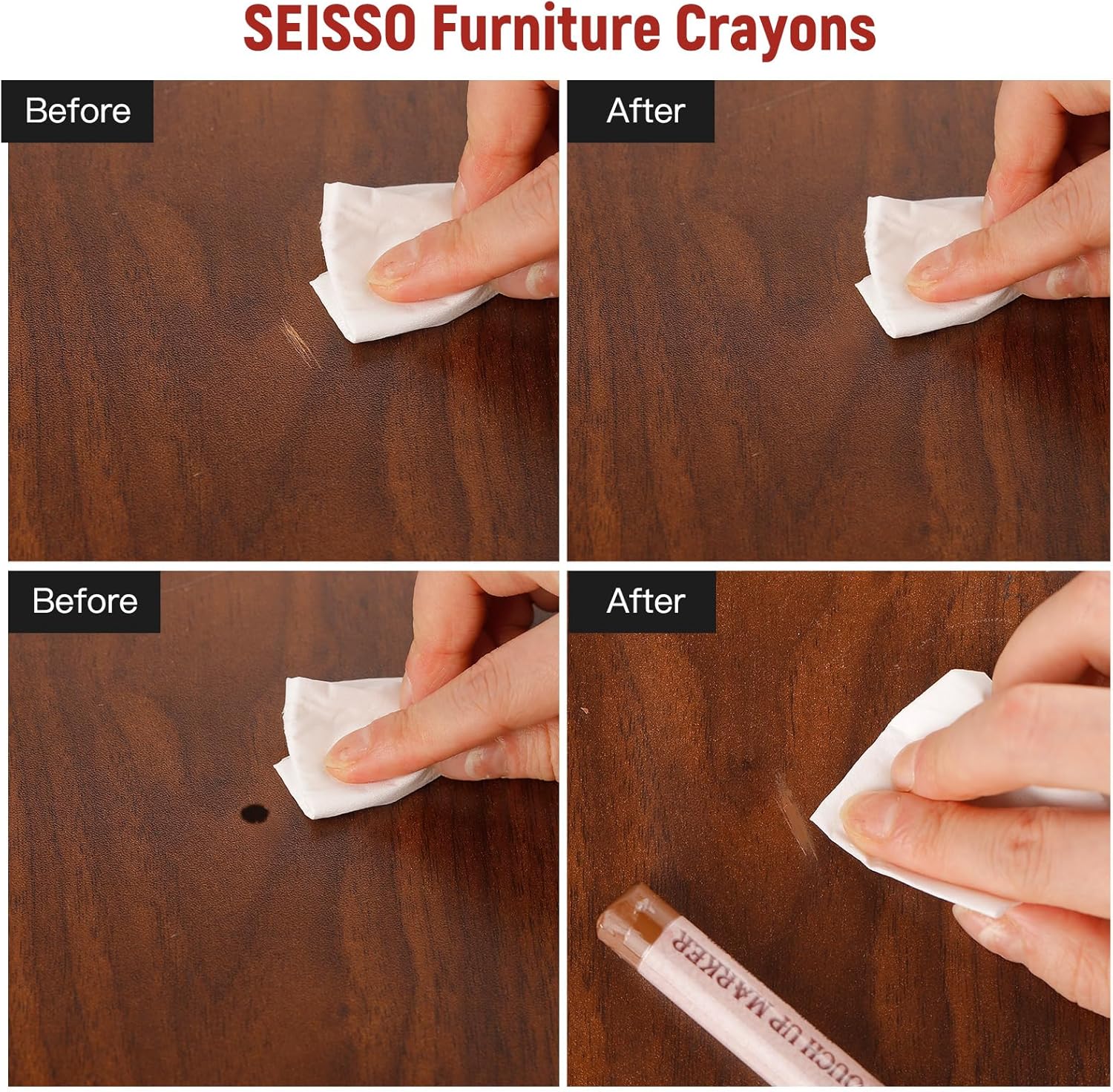 SEISSO Furniture Repair Crayon, 6 Pcs - Wood Filler Sticks, Scratch Repair Wax, Furniture Marking Repair - Scratch, Hole, Table, Wood Floor, Guitar, Covering, Instrument Fill Sticks-Cherry Wood