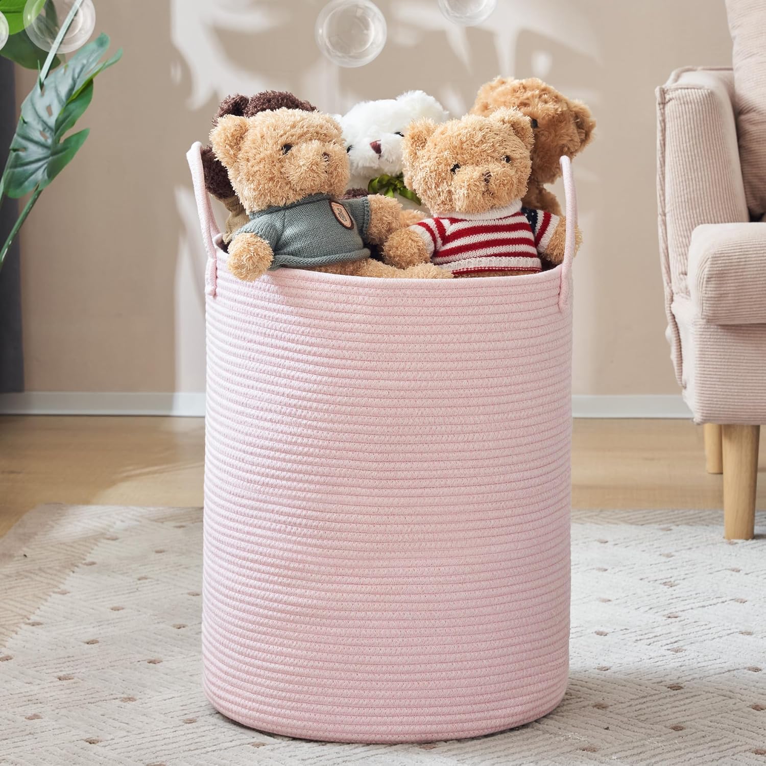 YOUDENOVA Woven Rope Laundry Hamper, 58L Tall Luandry Basket, Baby Nursery Hamper for Blanket Storage in Bedroom-Large-Pink