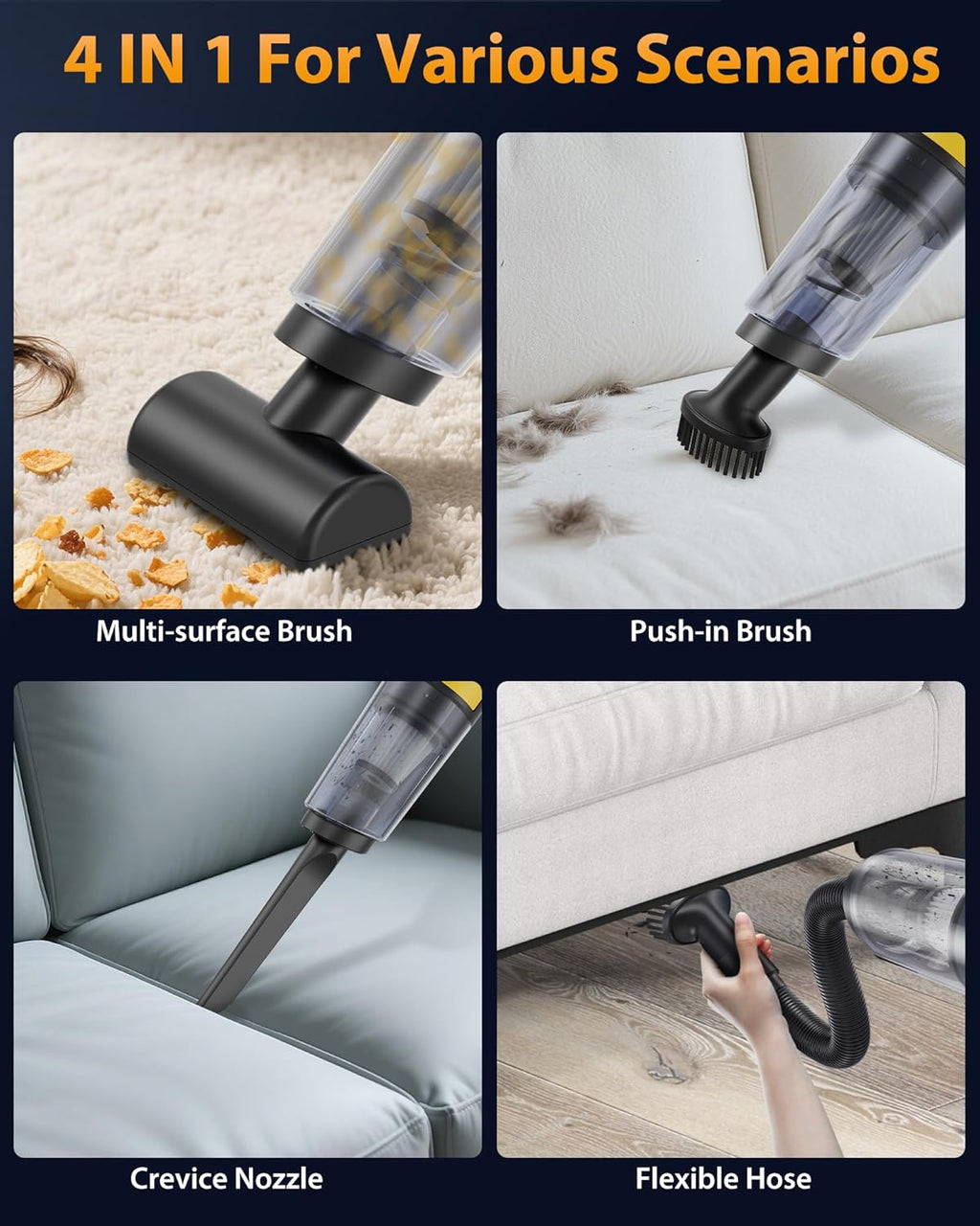 Handheld Vacuum Cordless 1.1 Pounds Car Vac 10000PA Hand Held Vacuums 4-in-1 Hand Vac Cordless Rechargeable HEPA Filter Large Capacity Dust Cup for Car Office Home Pets Hair (Yellow)