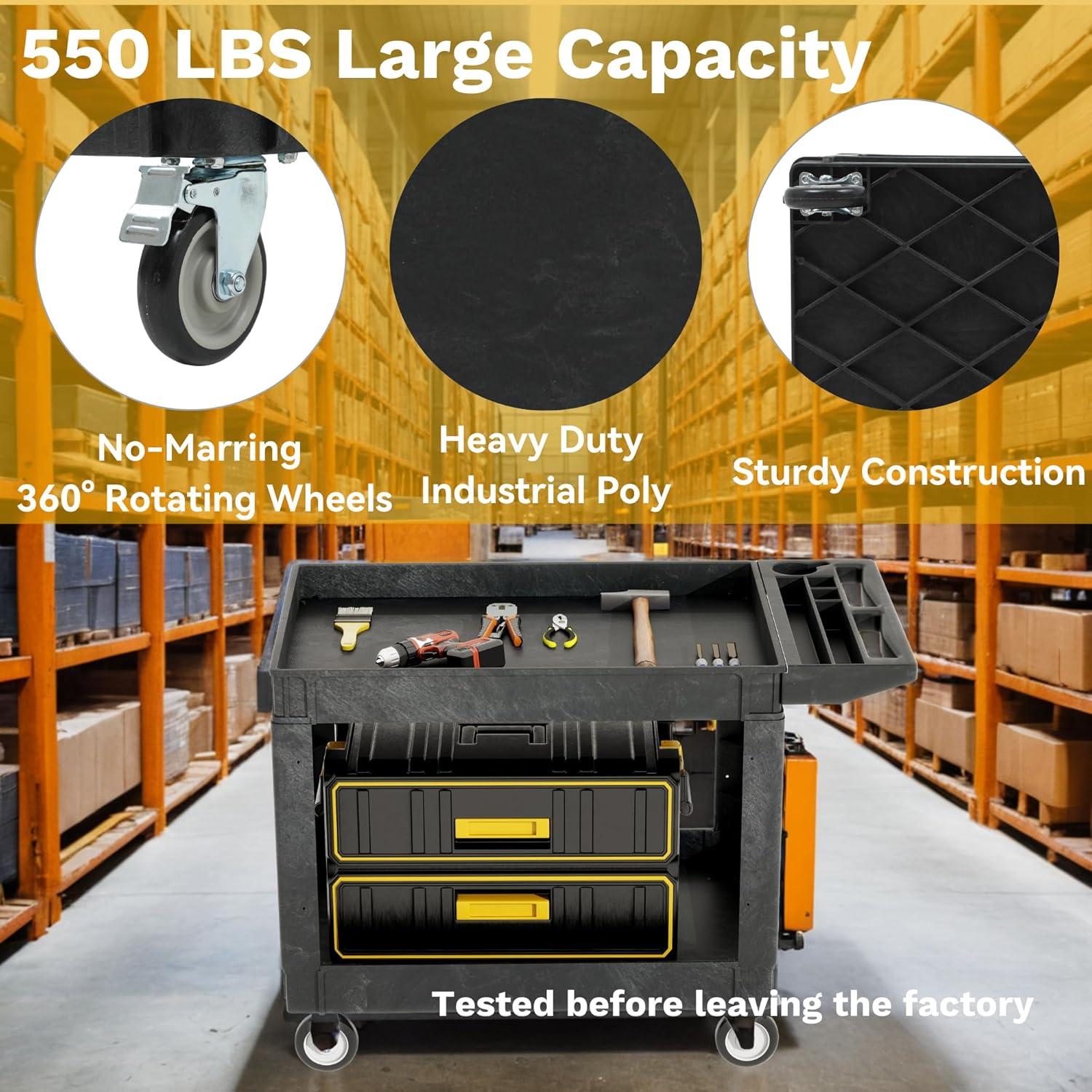 DWVO Utility Service Cart on Wheels, 45 X 25 in 550 LBS Heavy Duty Rolling Cart Plastic Work Cart for Warehouse Garage School & Office Cleaning