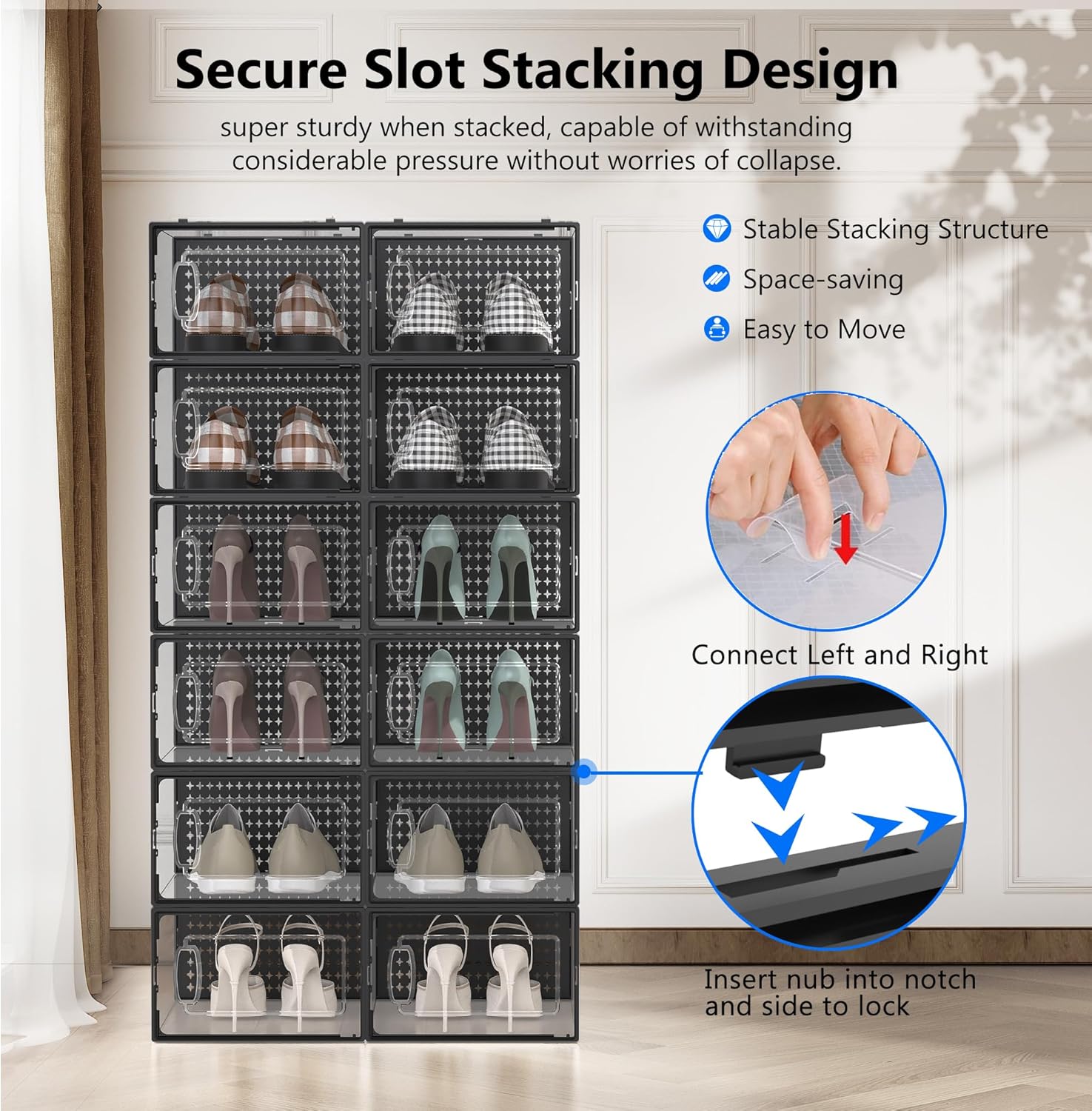 12 Pack X-Large Modular Clear Plastic Stackable Shoe Storage Organizer for Closet, Space Saving Versatile Sneaker Shoe Rack Containers Bins Holders, Portable Closet Organizers and Storage, Black02
