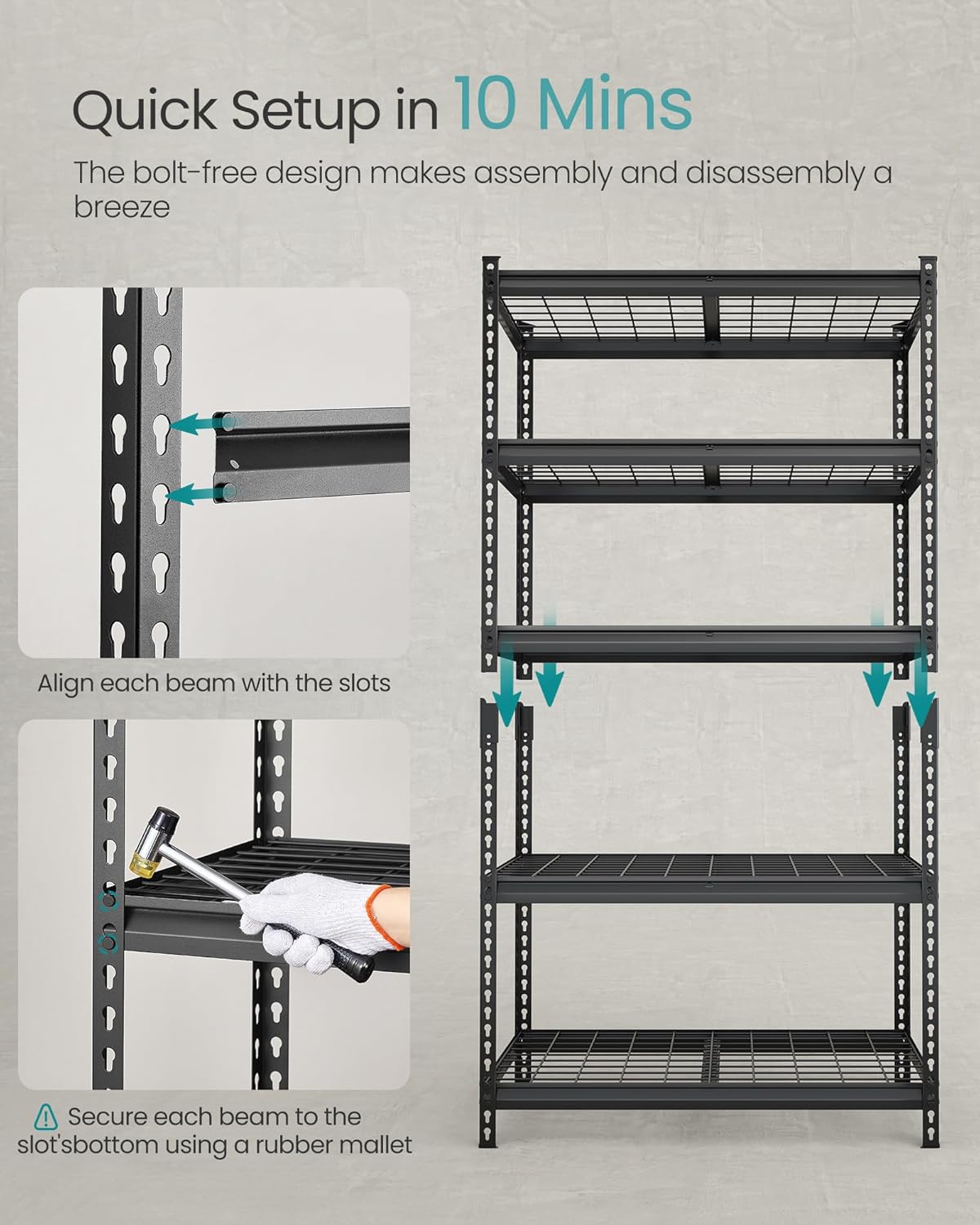 SONGMICS 5-Tier Storage Shelves, Heavy-Duty Garage Shelving, Adjustable Shelving Unit, Steel Shelf, Boltless Assembly, for Garage, 2,250 lb Load, 18 x 72 x 72 Inches, Ink Black UGLR453B02