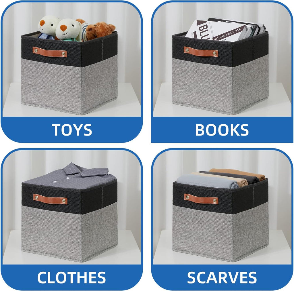 Temary 11 x 11 Cube Storage Bins Fabric Storage Cubes for Shelf, Closet, 4 Pack Cube Basket for Clothes, Storage Cube Bins with Leather Handles(Black&Grey)