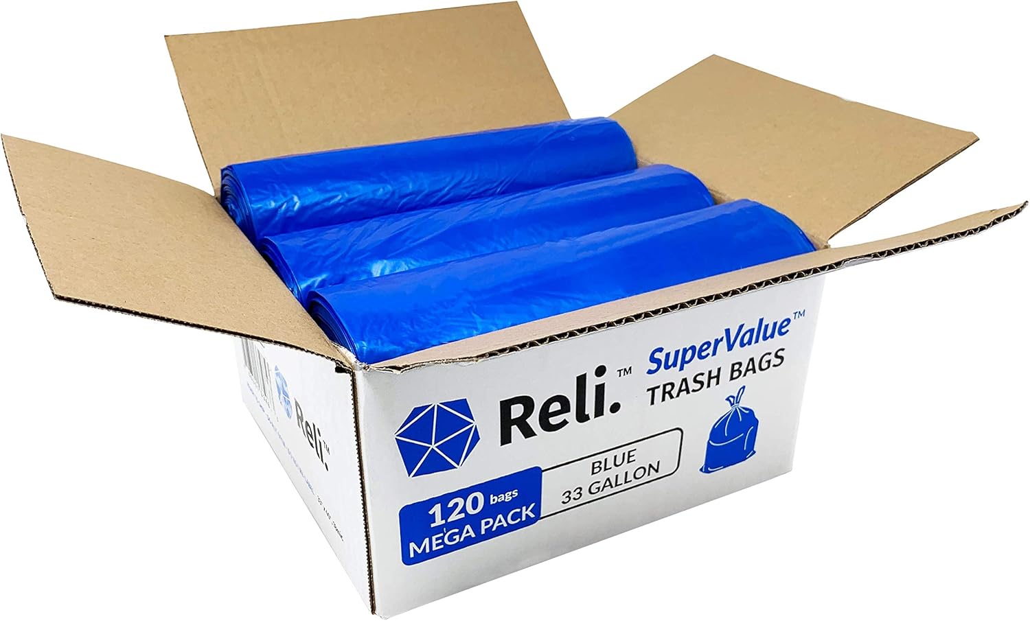 Reli. SuperValue 33 Gallon Recycling Bags (120 Count) Made in the USA - Blue Trash Bags, 30-33 Gallon | Recycling, Garbage | 33Gal with 30Gal - 35Gal Capacity