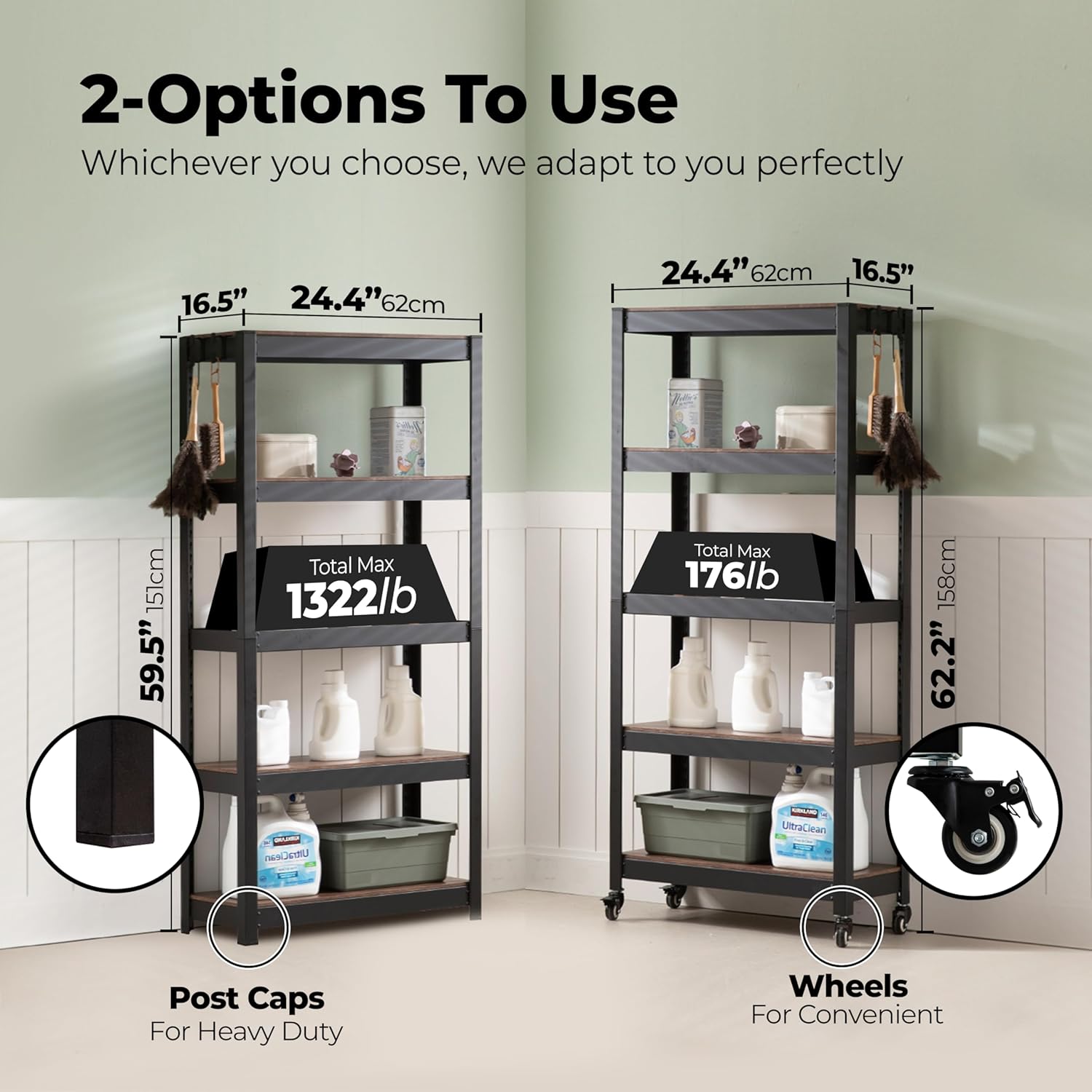 HOMEDANT House 5-Tier Metal Rolling Cart Shelf Rack Casters Heavy Duty Wheel Shelving Unit Adjustable Utility Storage Shelves Organizer Shelf Kitchen Garage 24.4" W x 16.5" D x 62.2" H 10Pack