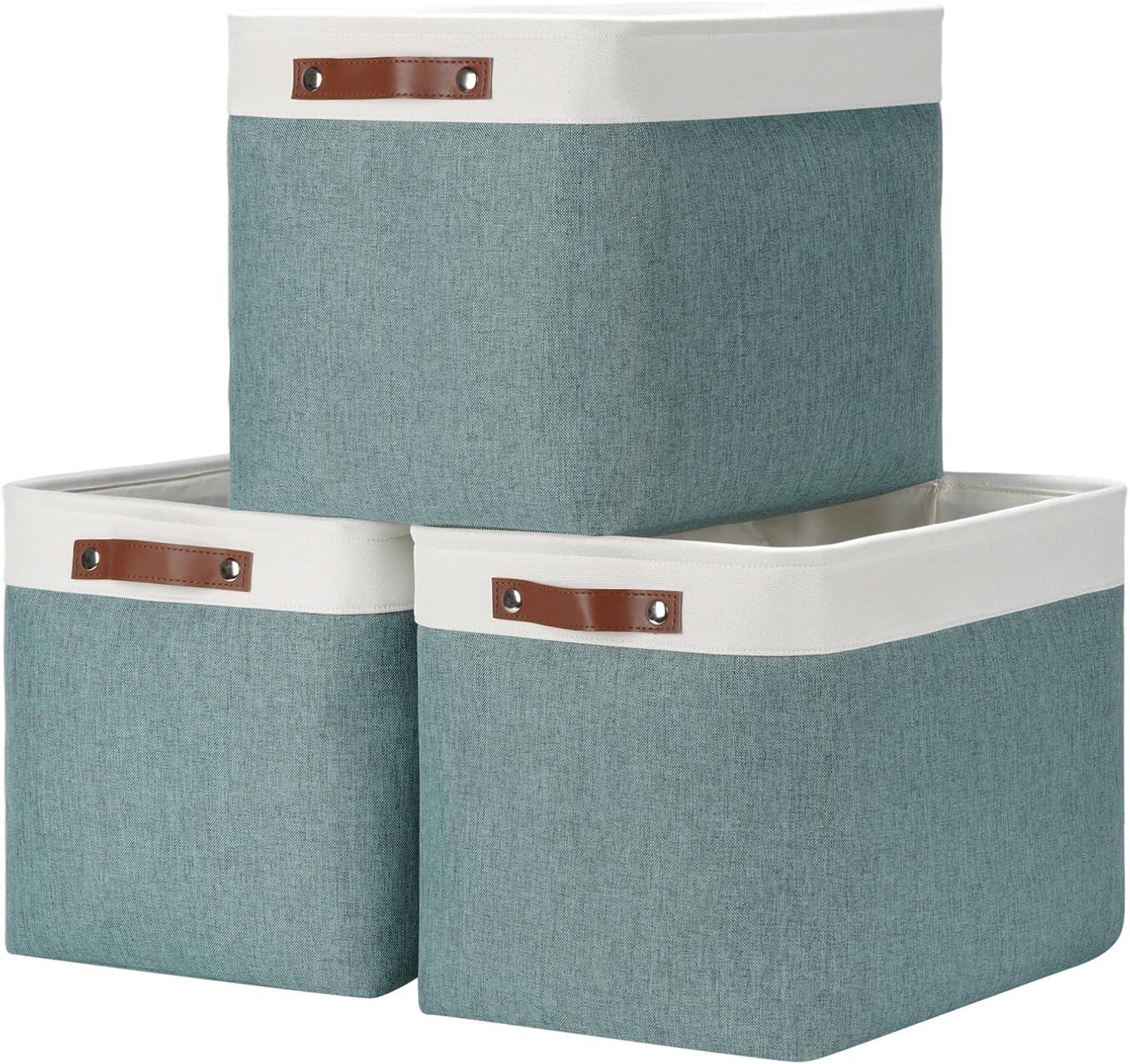 DULLEMELO Large Storage Baskets, Storage Basket with Handles for Shelves, Linen Closet Organizers for Home Office, Decorative Storage Baskets for Toys Storage (3 Pack, White&Deep Green)