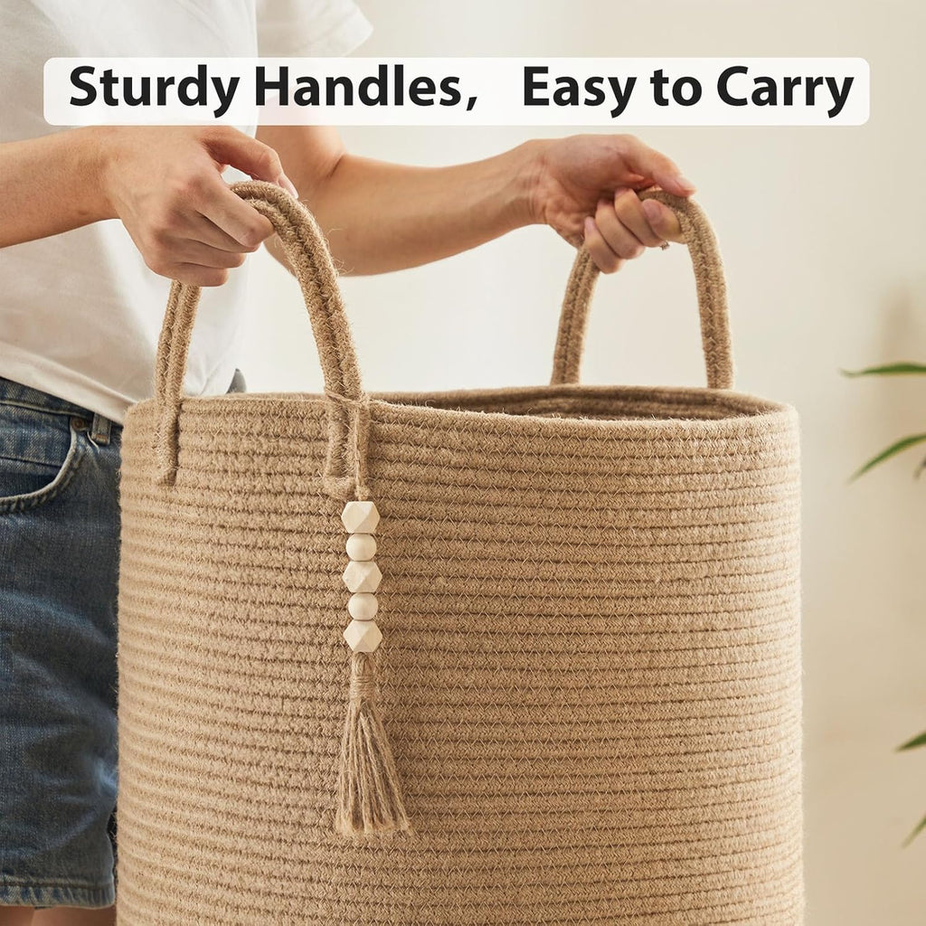 Jute Woven Rope Laundry Hamper, Tall Laundry Basket for Blanket Storage, Large Dirty Clothes Hamper for Toys, Decorative Baby Nursery Hamper for Bedroom, Living Room - Jute Brown, 58L