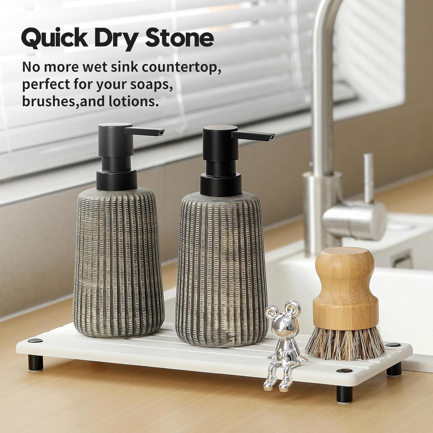 Instant Dry Sink Caddy Kitchen Sink Organizer, Quick Drying Stone Tray Diatomite Sponge Holder Soap Dish, Bathroom Countertop Fast Dry Water Absorbing Vanity Rack, White, 12" x 5"