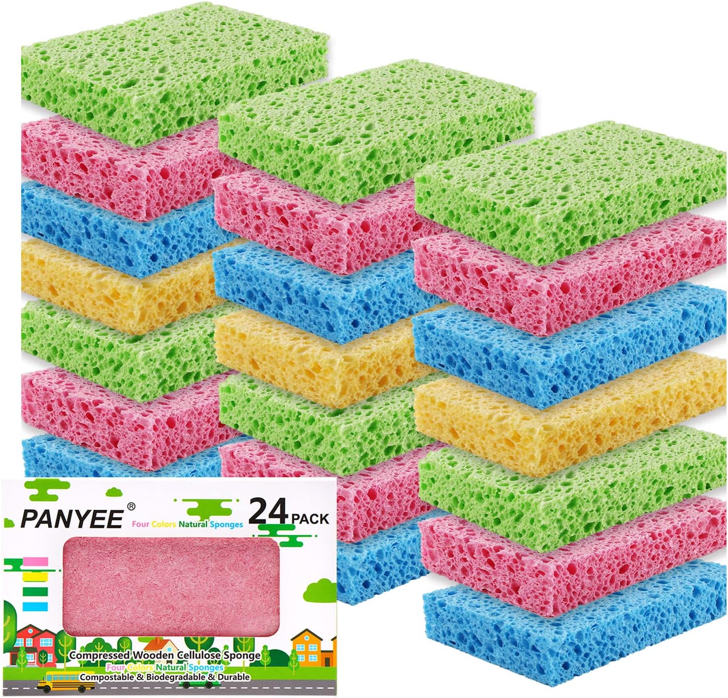 Compressed Cellulose Kitchen Sponges 24Pack,Non-Scratch Biodegradable Natural Sponge Scrub for Dishes Cleaning,Funny Colorful DIY Sponge for Kids