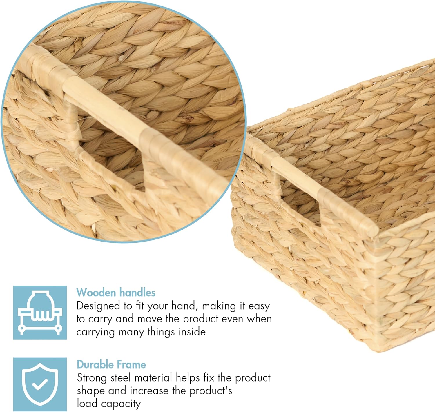 VATIMA Extra Large Wicker Basket Rectangular with Wooden Handles for Shelves, Water Hyacinth Basket Storage, Natural Baskets for Organizing, Wicker Baskets for Storage 16.7"x12.4"x7"