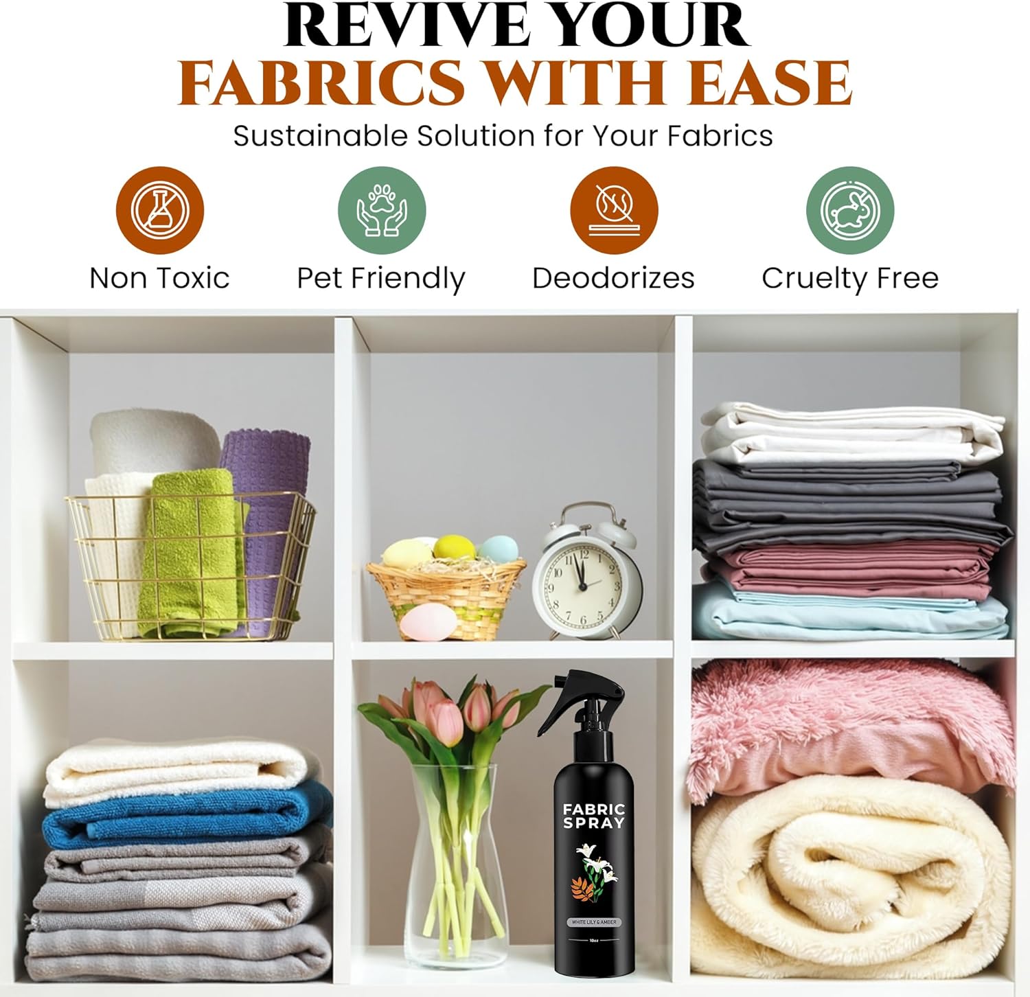 605Products Linen & Fabric Spray - Home Fragrance Freshener for Bedding & Laundry, Natural Deodorizer with Essential Oils - White Lilly & Amber (10oz)