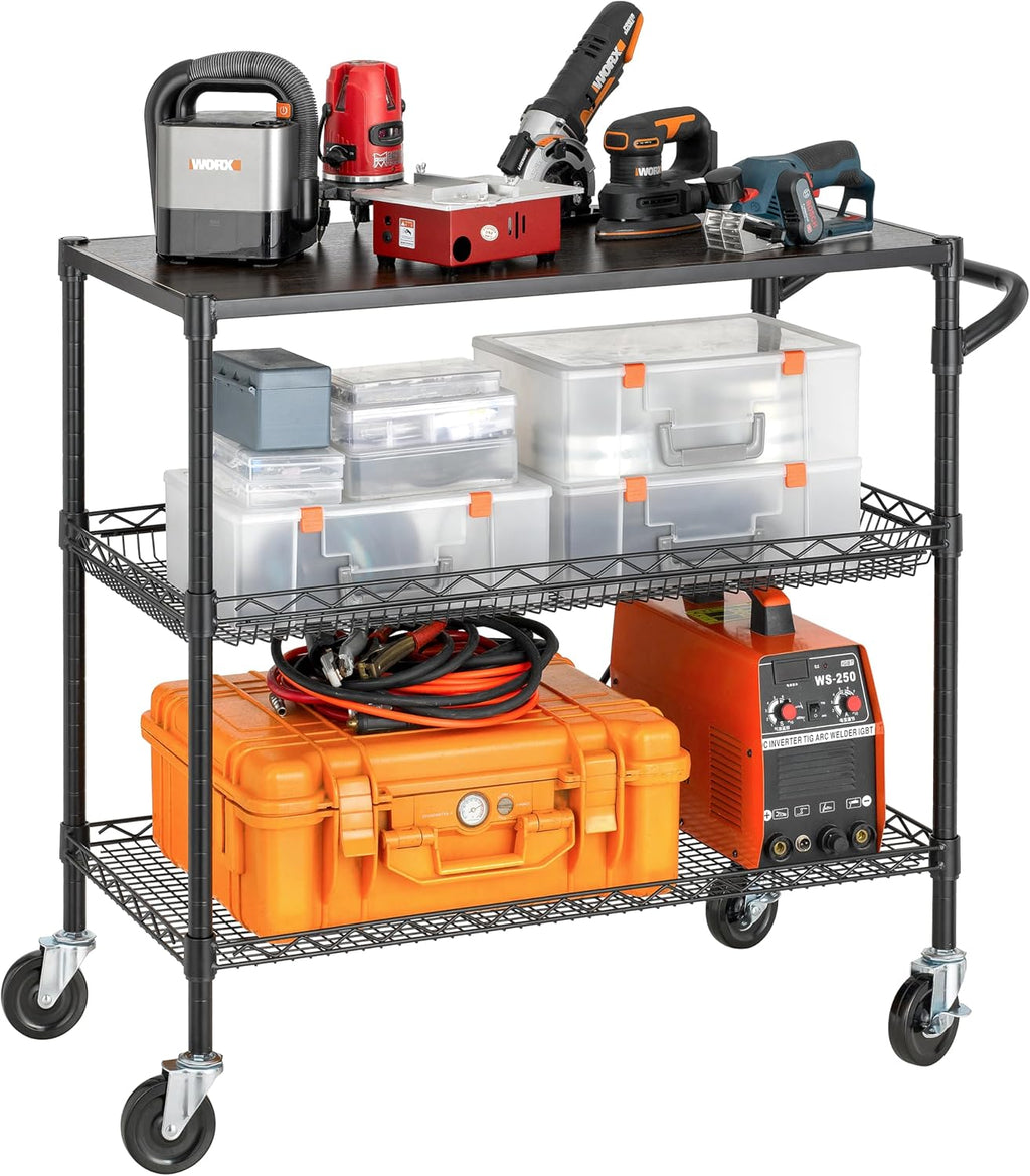 Finnhomy 3 Tier Heavy Duty Commercial Grade Utility Cart with Wood Top, Wire Rolling Cart with Wheels and Handle Bar, Kitchen Carts on Wheels, 18x36x35.4 H Metal Cart with 600 LBS Capacity, Black