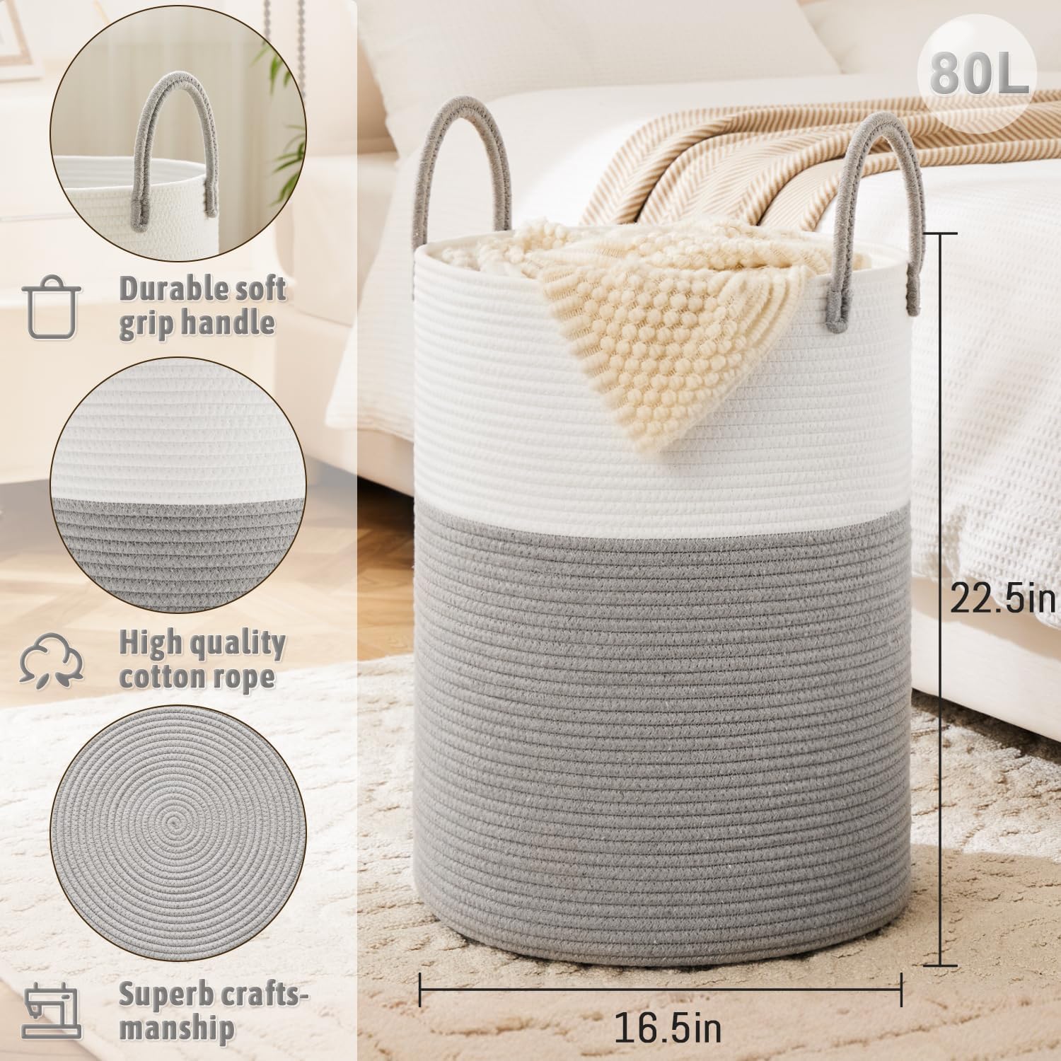 Laundry Basket,Woven Cotton Rope Laundry Hamper,80L for Decorative Storage of Dirty Clothes,Toys and Blankets in Bathroom,Baby Room and Living Room