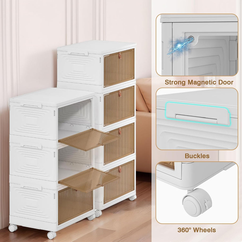 VECELO 4 Tier Storage Bins with Lid, Stackable Storage Boxes with Magnetic Doors & Wheels, Foldable Storage Containers, 23 QT Closet Organizers and Storage for Living Room, Office, Dorm