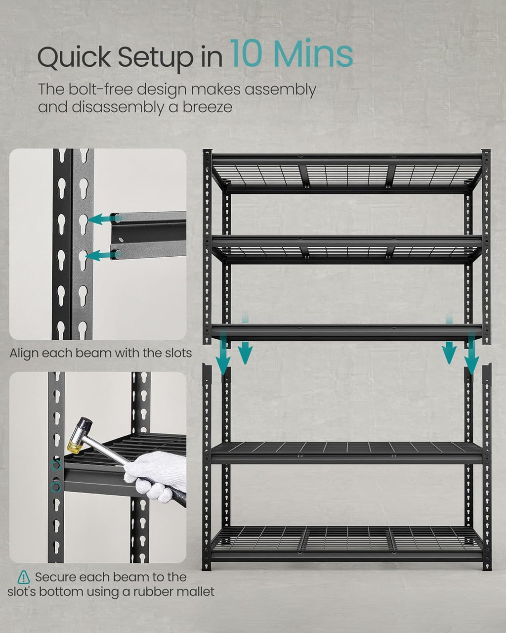 SONGMICS 5-Tier Storage Shelves, Heavy-Duty Garage Shelving, Adjustable Shelving Unit, Steel Shelf, Boltless Assembly, for Garage, Shed, 2,200 lb Load, 24 x 48 x 72 Inches, Ink Black UGLR454B01