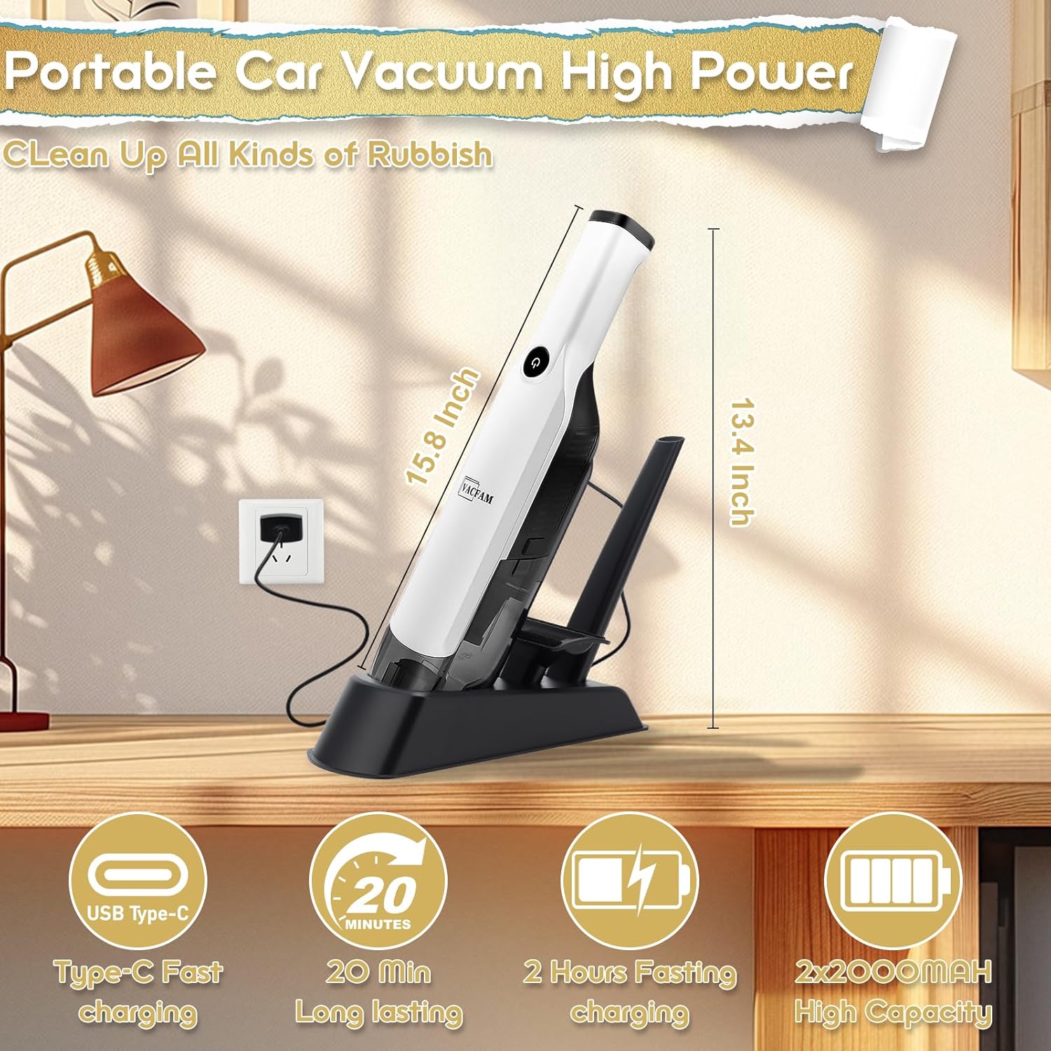 Handheld Vacuum Cordless,15KPA High Power Suction,USB Quick Charge,Car Vacuum Cleaner with Storage Dock,Lightweight Rechargeable Dust Buster with Crevice Tool Pet Brush Hand Vac for Home,White