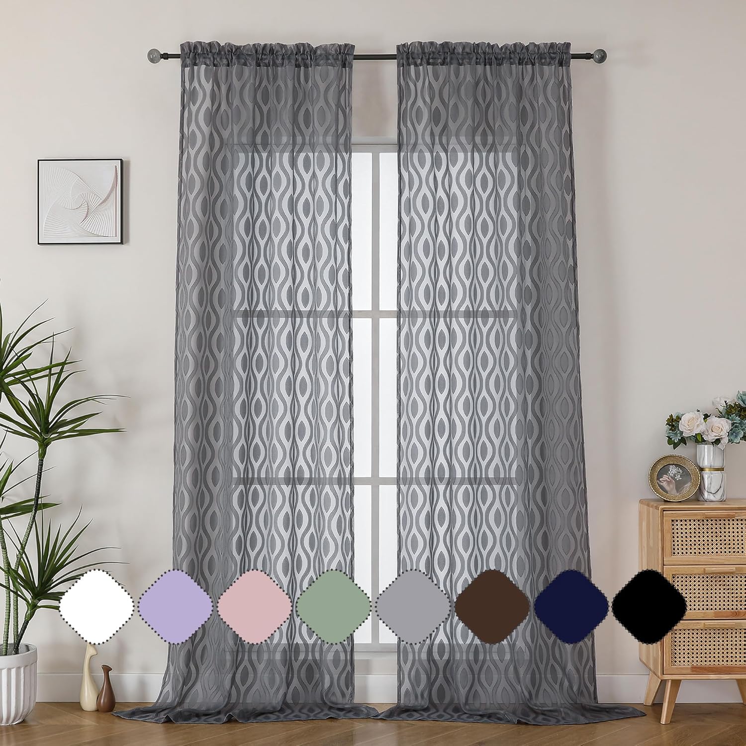 Aiyufeng Extra Long Grey Sheer Curtains 96 Inches Long for Bedroom 2 Panels Set, Farmhouse Wavy Line Light Filtering Clip Jacquard Solid Voile Living Room Curtains, Dual Rod Pocket, 40" Wx96 L Inches