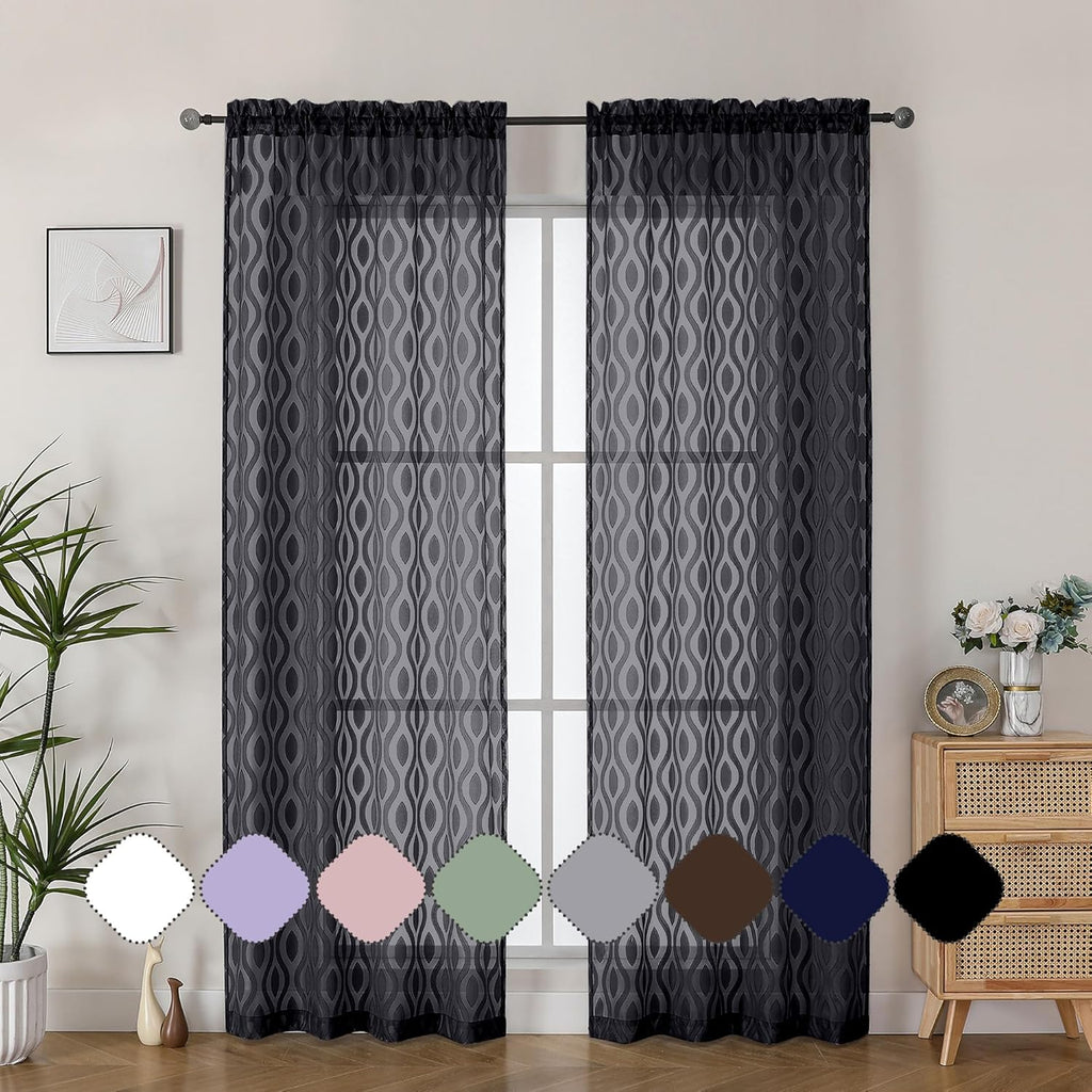 Aiyufeng Sheer Black Curtains 84 Inches Long 2 Panels, Solid Airy Light Filtering Clip Jacquard Window Treatments for Bedroom Living Room, Modern Wavy Line Rod Pocket Curtains, Total 80 inches Width