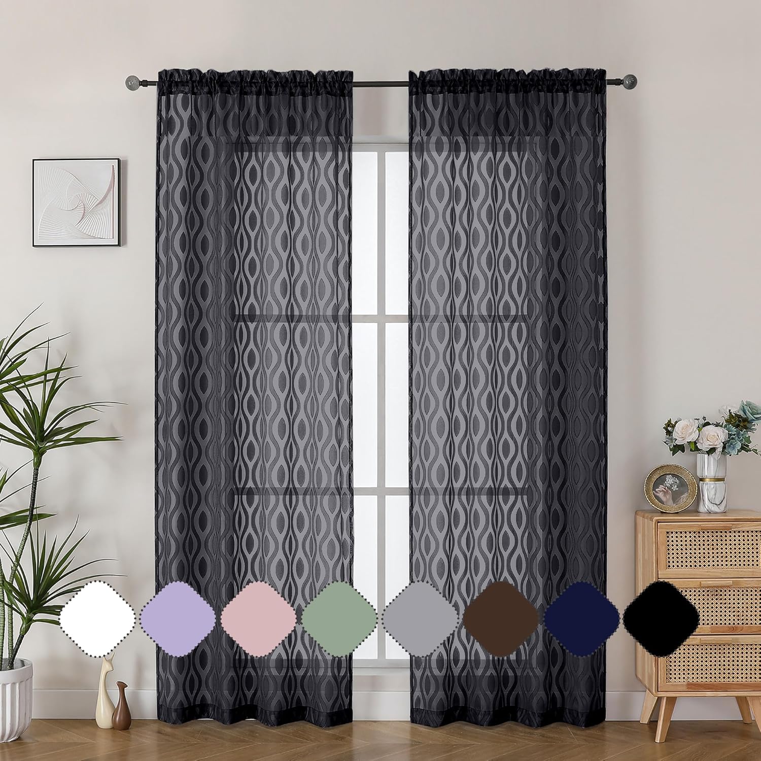 Aiyufeng Sheer Black Curtains 84 Inches Long 2 Panels, Solid Airy Light Filtering Clip Jacquard Window Treatments for Bedroom Living Room, Modern Wavy Line Rod Pocket Curtains, Total 80 inches Width