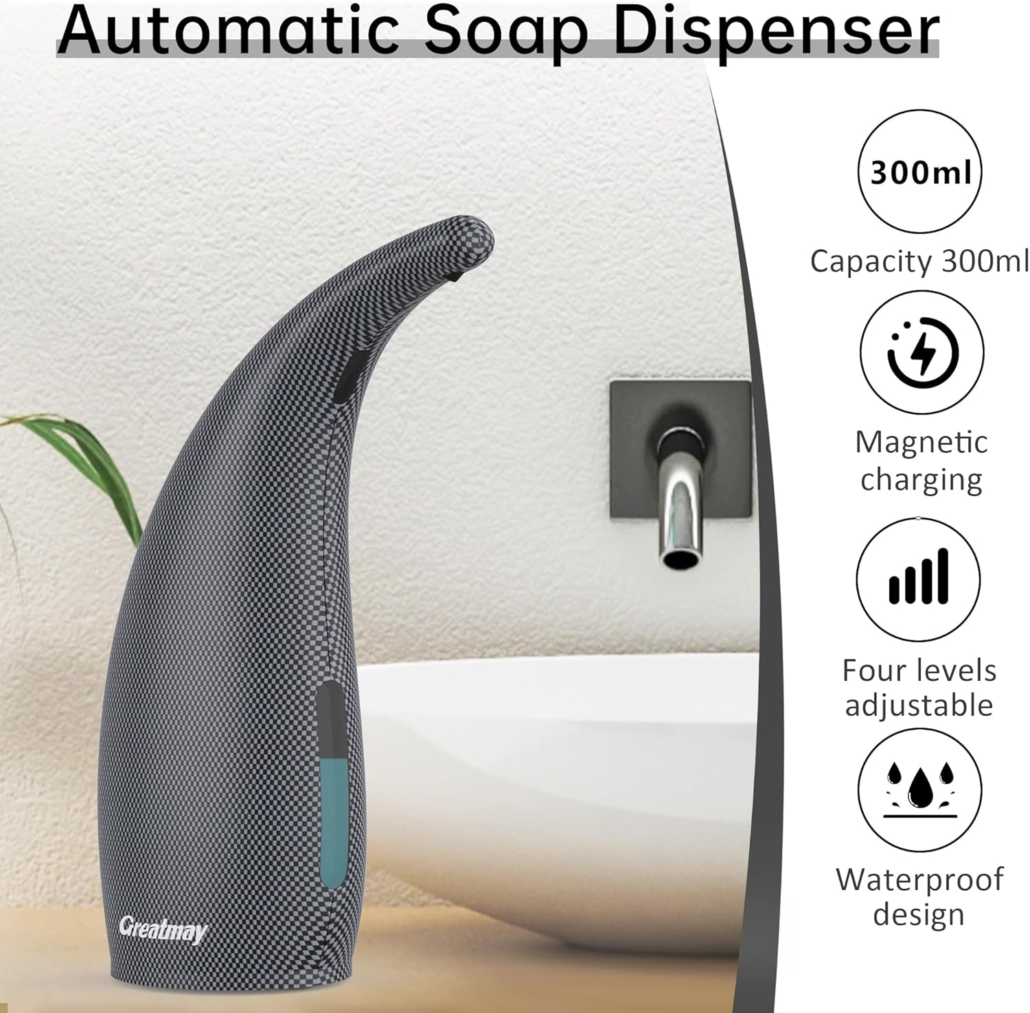 Adjustable Automatic Soap Dispenser Touchless, 4 Adjustable Levels Touchless Sensor Liquid Soap Pump Dispenser，300ml Rechargeable Magnetic Charging Hand Soap Dispenser for Kitchen，Bathroom