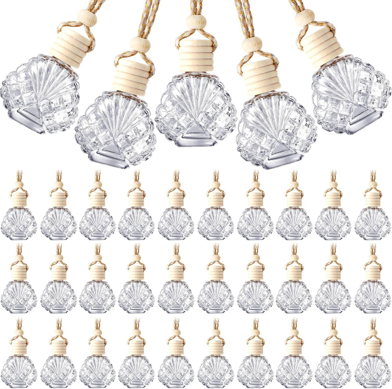 BBTO 50 Pcs Hanging Car Air Freshener Car Diffuser Bottles Empty Glass Perfume Bottle Freshener Diffuser Bottle Pendant for Essential Oil Fragrance Aromatherapy Bottle Ornament(Shell)