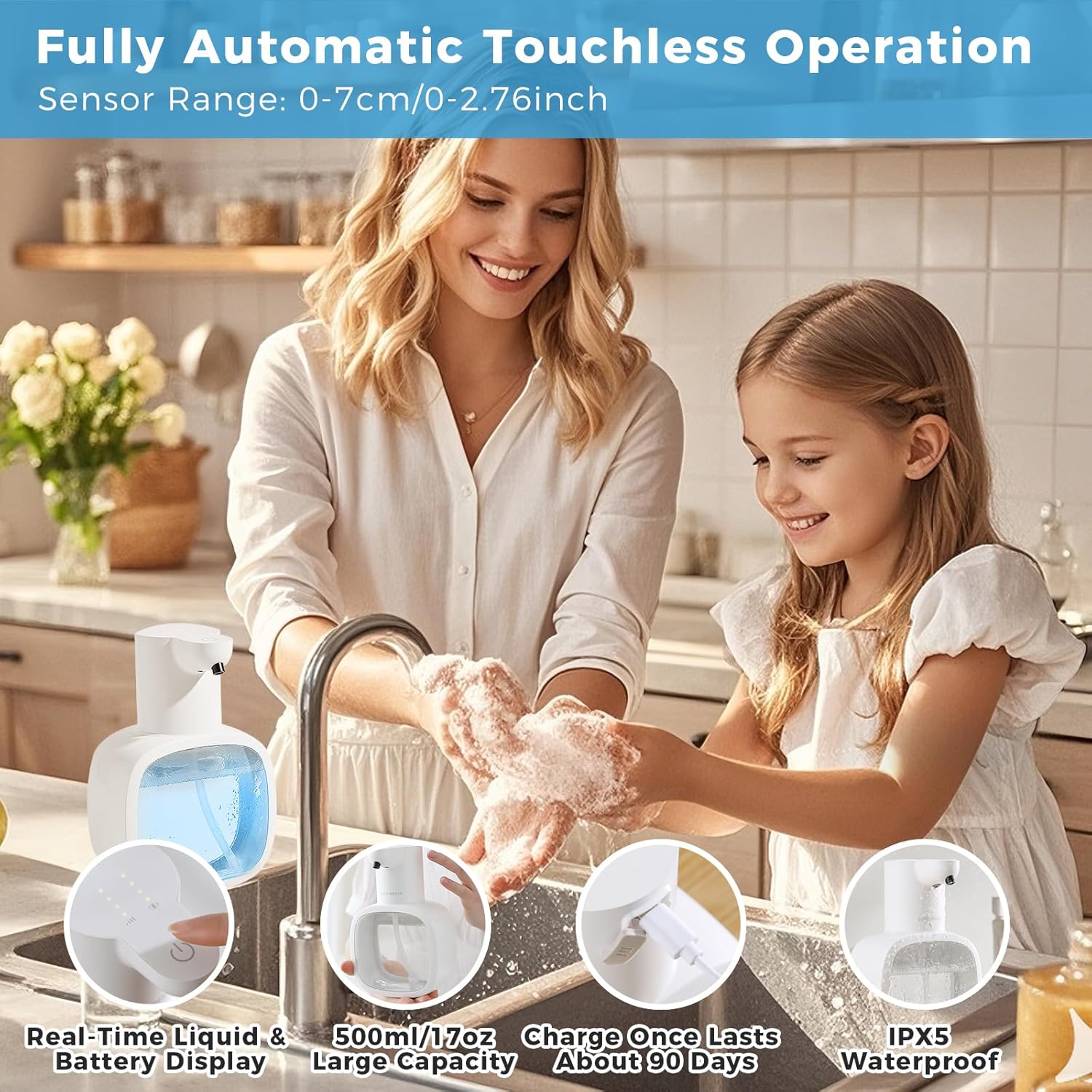 Automatic Liquid Soap Dispenser, 17oz/500ml Touchless Rechargeable with 4-Level Adjustable & IPX5 Waterproof - Level Display for Wall/Tabletop Use in Bathroom, Kitchen, White