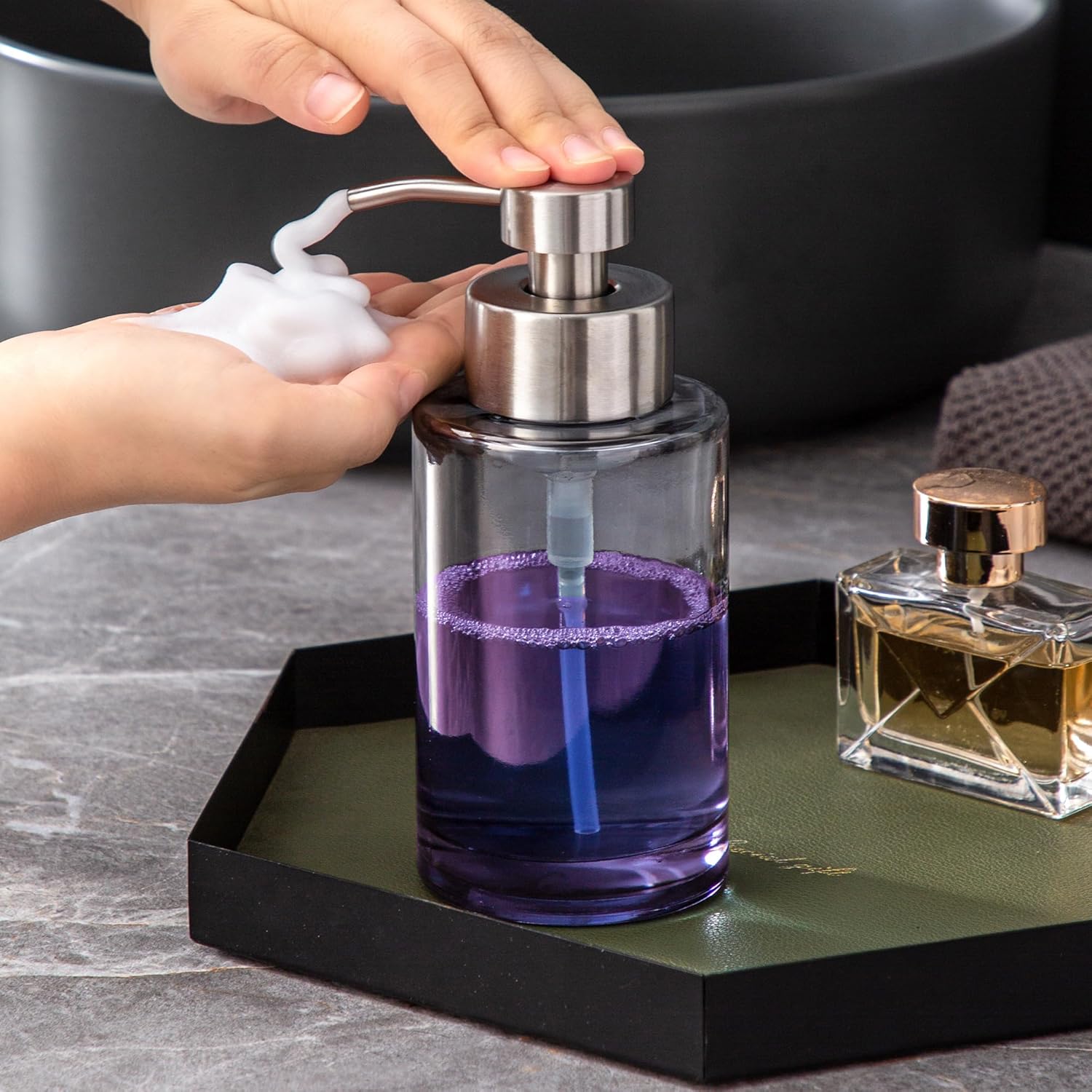 Enra Foaming Soap Dispenser, 12oz Thick Glass Body with Stainless Steel Pump, Bathroom & Kitchen (Silver Foam Dispenser)