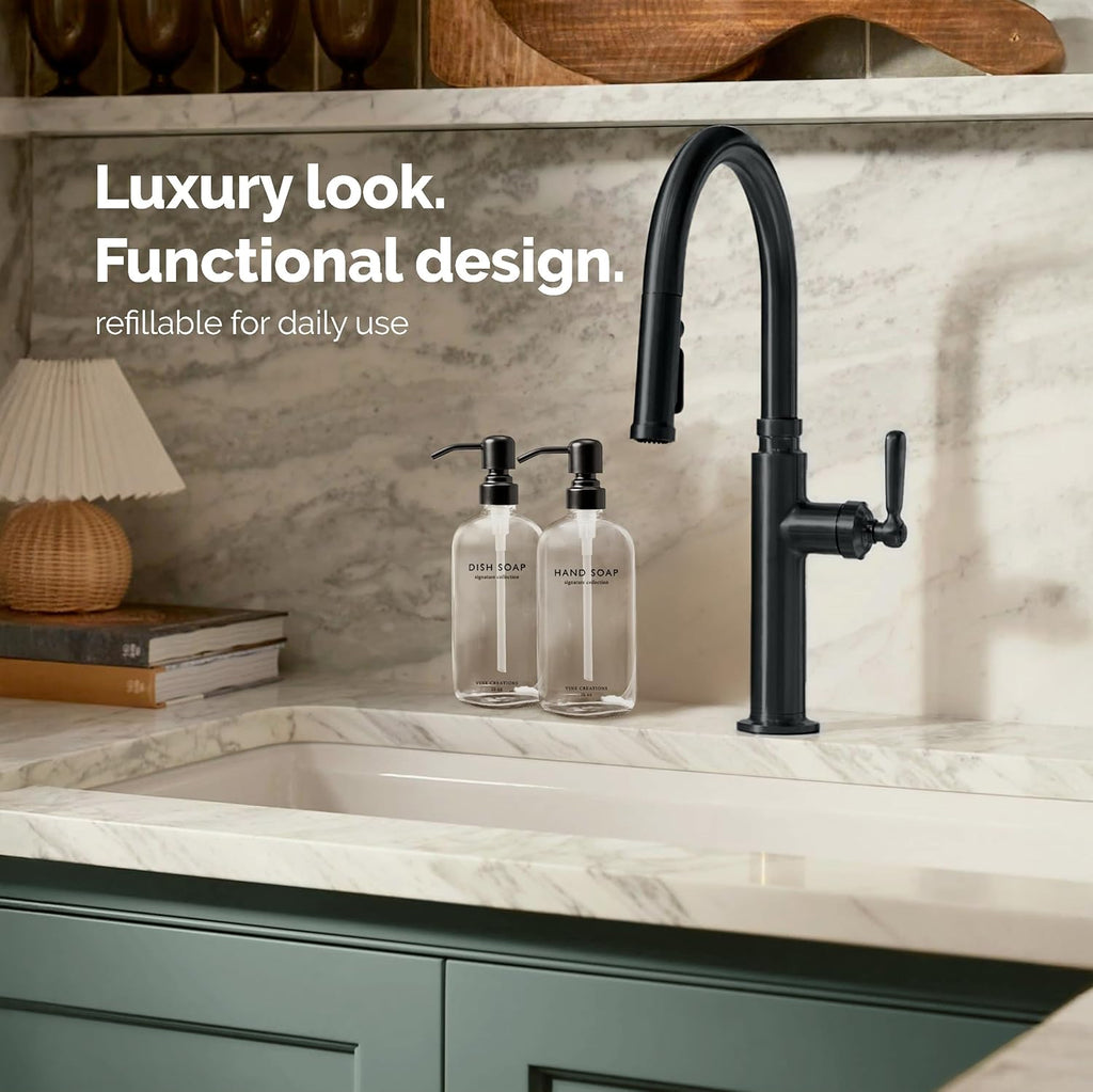 Vine Creations Clear Glass Soap Dispenser Set, Dish Soap and Hand Soap Dispenser Set with Stainless Steel Pump, 16 oz Glass Dispensers for Kitchen Bathroom Decor (Clear Bottle/Matte Black Pump)