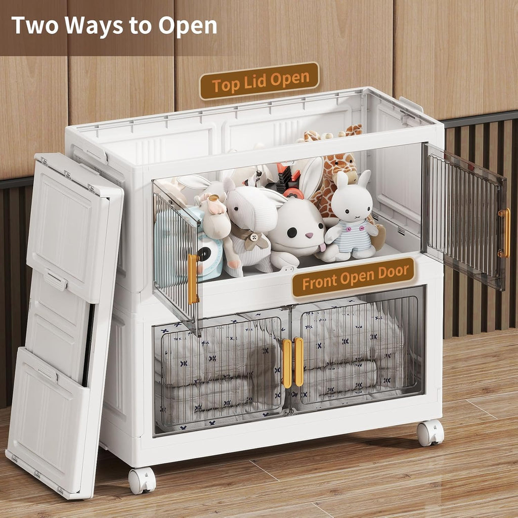 100Gal Stackable Plastic Storage Bins with Lids, Collapsible Closet Organizers and Storage with Wheels for Living Room,Office,Dorm, 30.5" W x 14.6" D x 60" H, 4 Tier