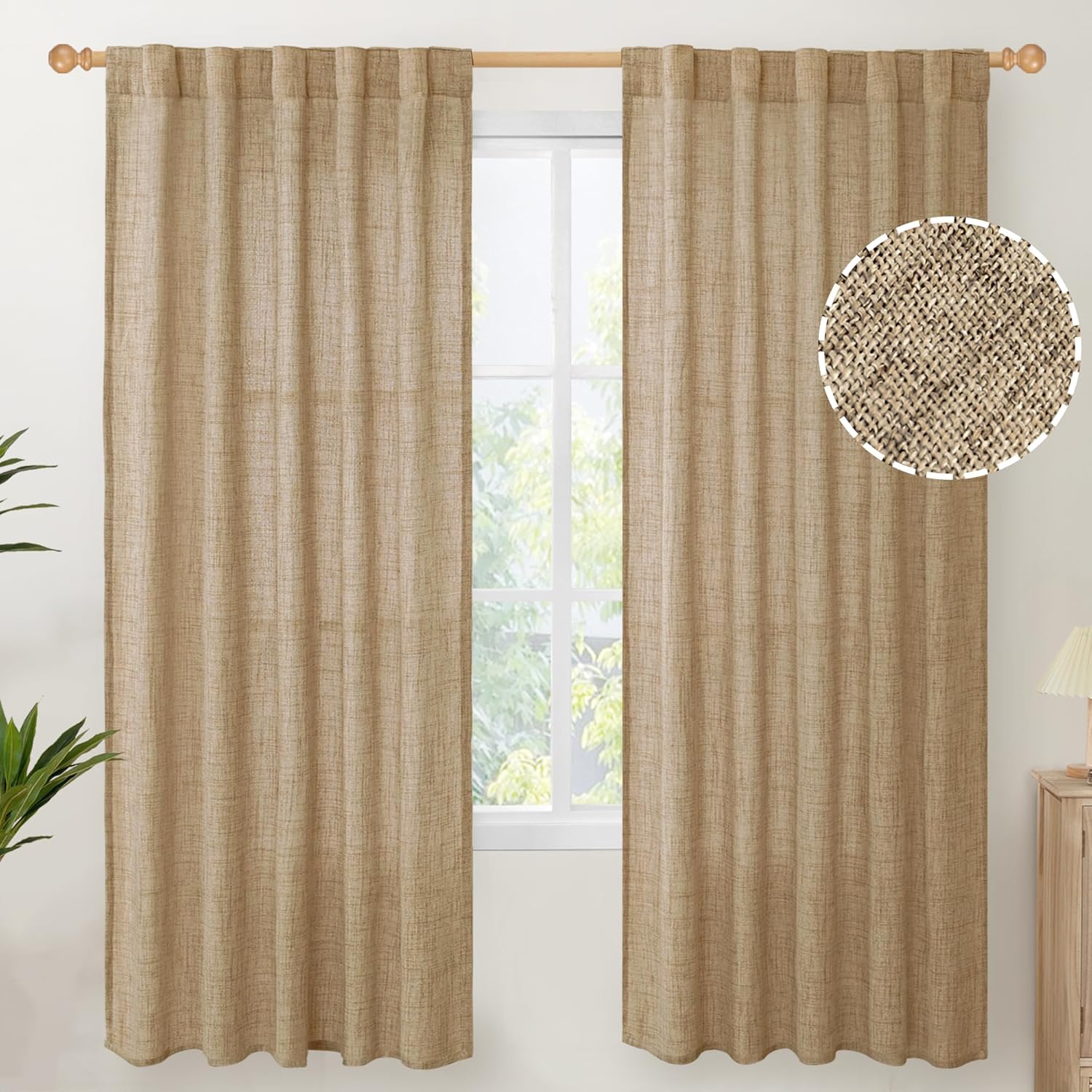YoungsTex Toffee Linen Curtains 72 Inch Length for Living Room, Burlap Semi Sheer Drapes Light Filtering Tan Window Treatments for Farmhouse Bedroom Rod Pocket Back Tab, 42 X 72 Inch, 2 Panels