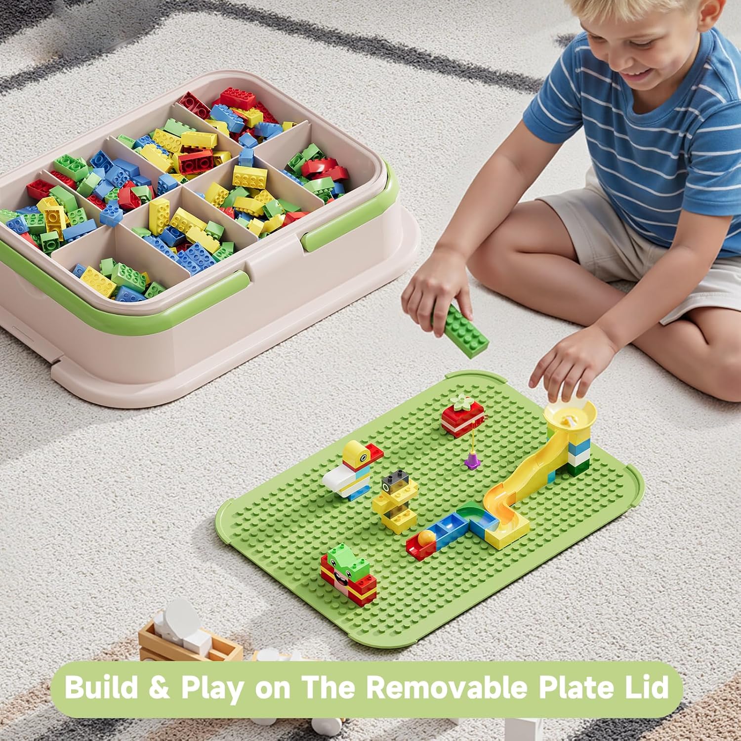 Toy Storage Organizer Box with Handle, Stackable Building Block Toy Box with Building Plate Lid & Removable Sorting Trays, Cubby Bins and Containers 2 Layer (Green)