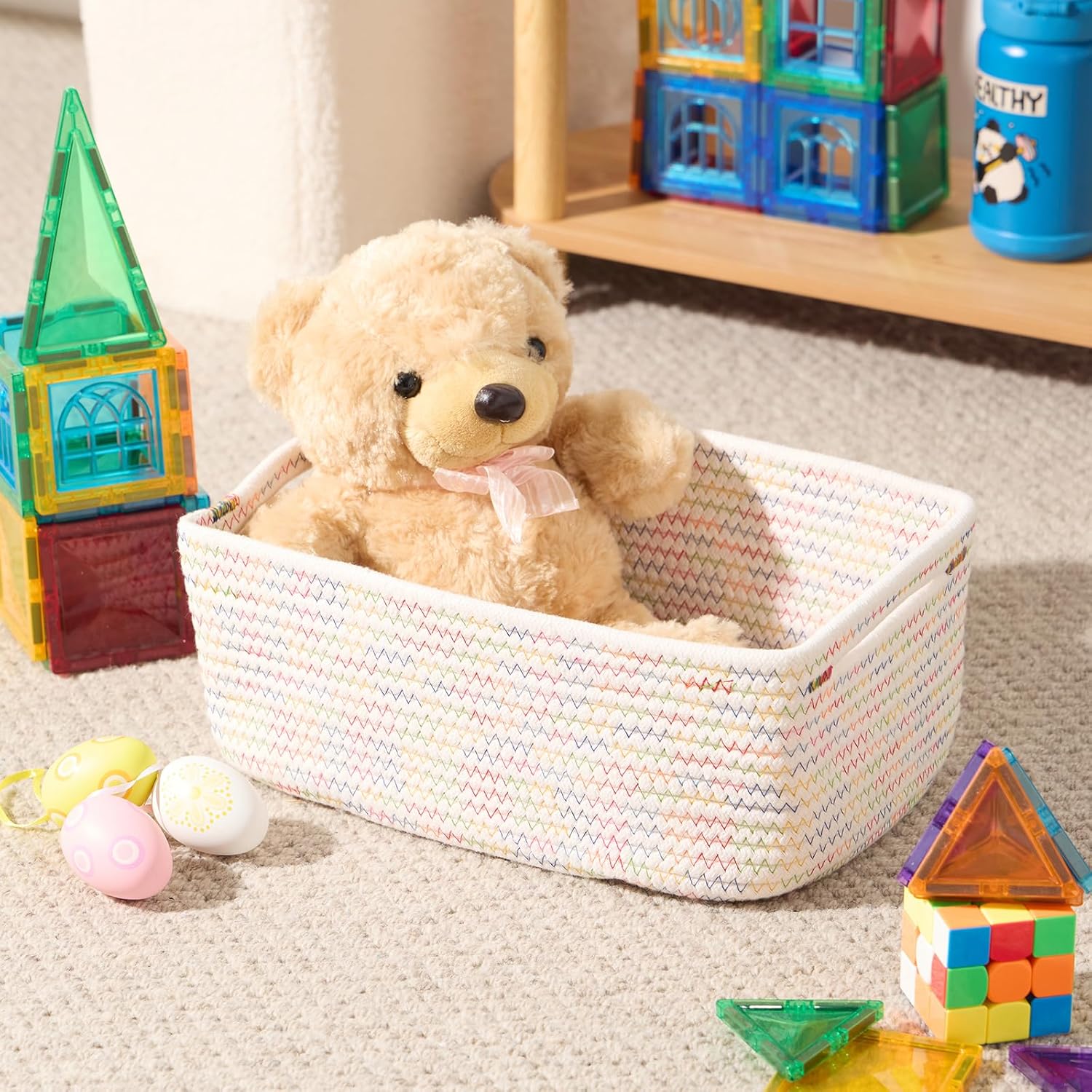 Small Storage Baskets for Organizing | Closet Organizer Bins | Shelf Toy Basket | Woven Rope Baskets | Cube Decorative Box | Shallow Basket | 13x8.5x5.1” | 3 Packs Rainbow