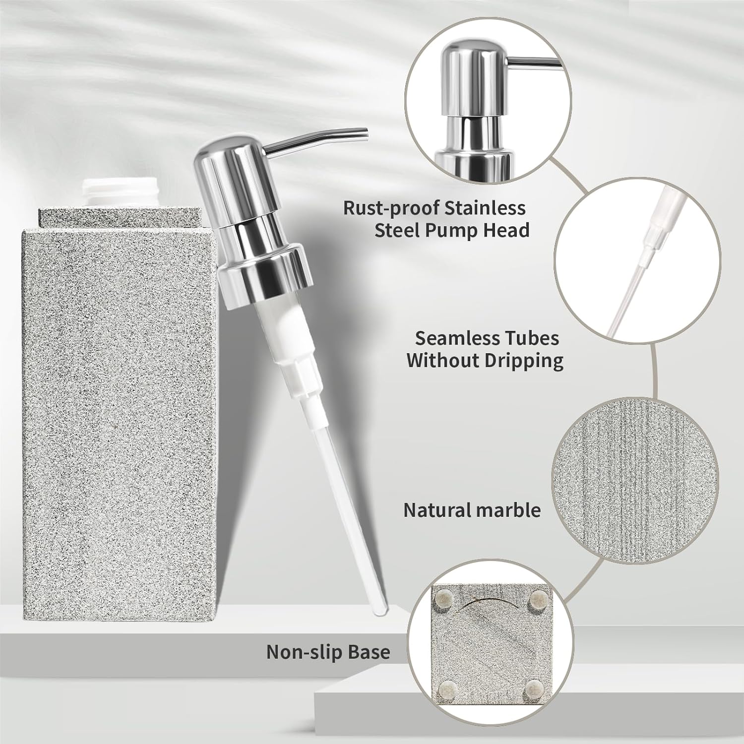 Marble Soap Dispenser for Bathroom, Amaauto Natural Marble Hand Liquid&Lotion Soap Dispenser Pump Bottle for Kitchen Bathroom Countertop Holds Dish Soap Shampoo Laundry Liquid Shower Gel