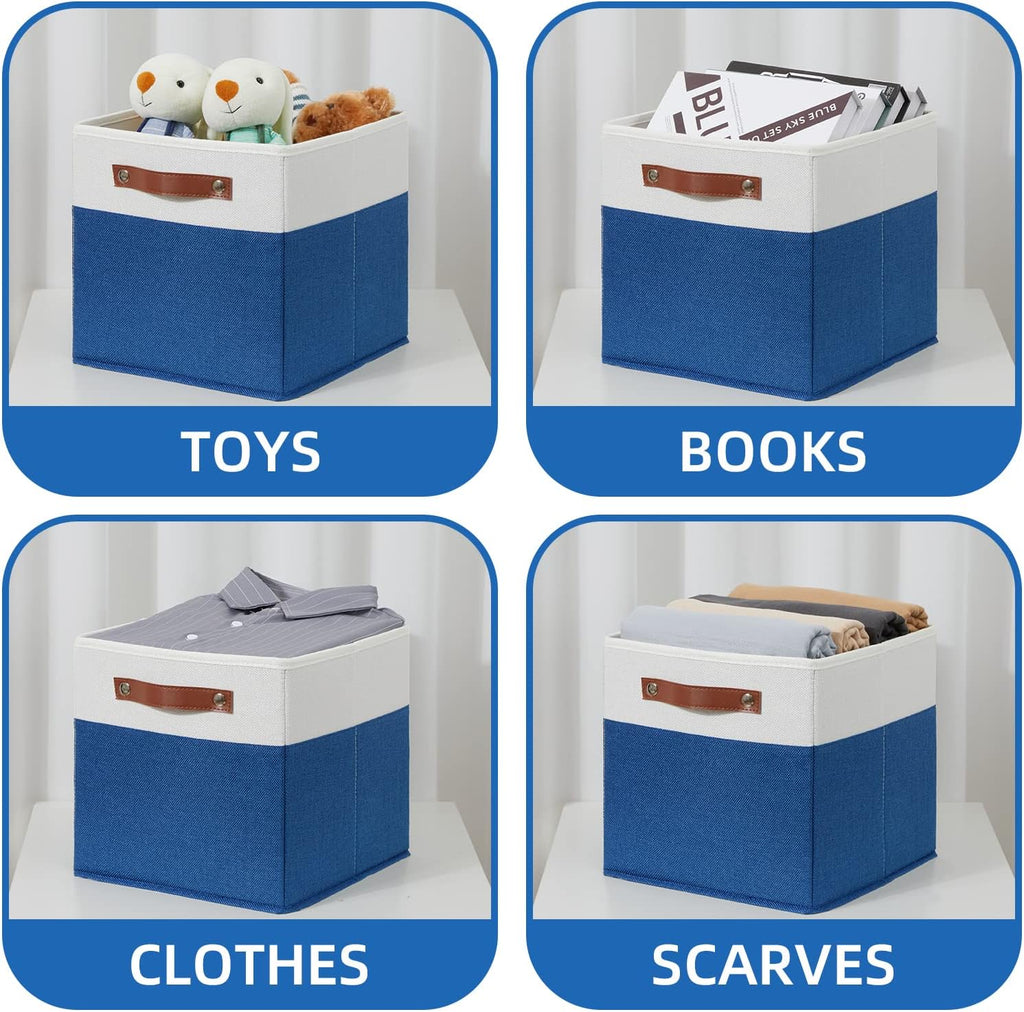 Temary 11 Storage Cube Bins for Shelves, Closet - 4 Pack Fabric Baskets With Leather Handles (White & Blue)