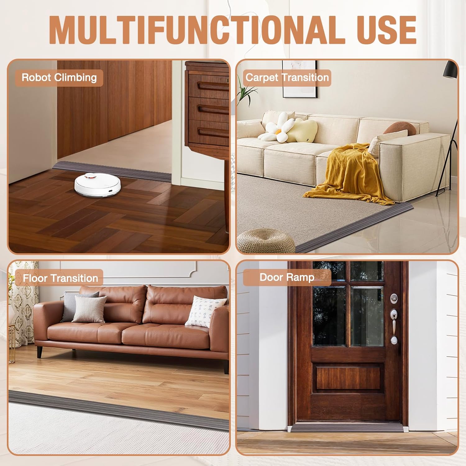 Floor Transition Strip Self Adhesive Vinyl Door Threshold for Doorways Carpet Edging Trim Overlap Edge Reducer for Laminate Floor, Carpet, Tile (Grayish Brown Wood Grain, 3/5" to 4/5", 10Ft)