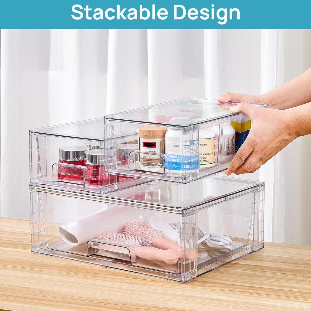 Vtopmart Clear Stackable Storage Drawers Set of 6, Easily Assemble Acrylic Bathroom Undersink Organizers,Plastic Storage Bins for Closet,Cabinet,Pantry,Medicine Organization