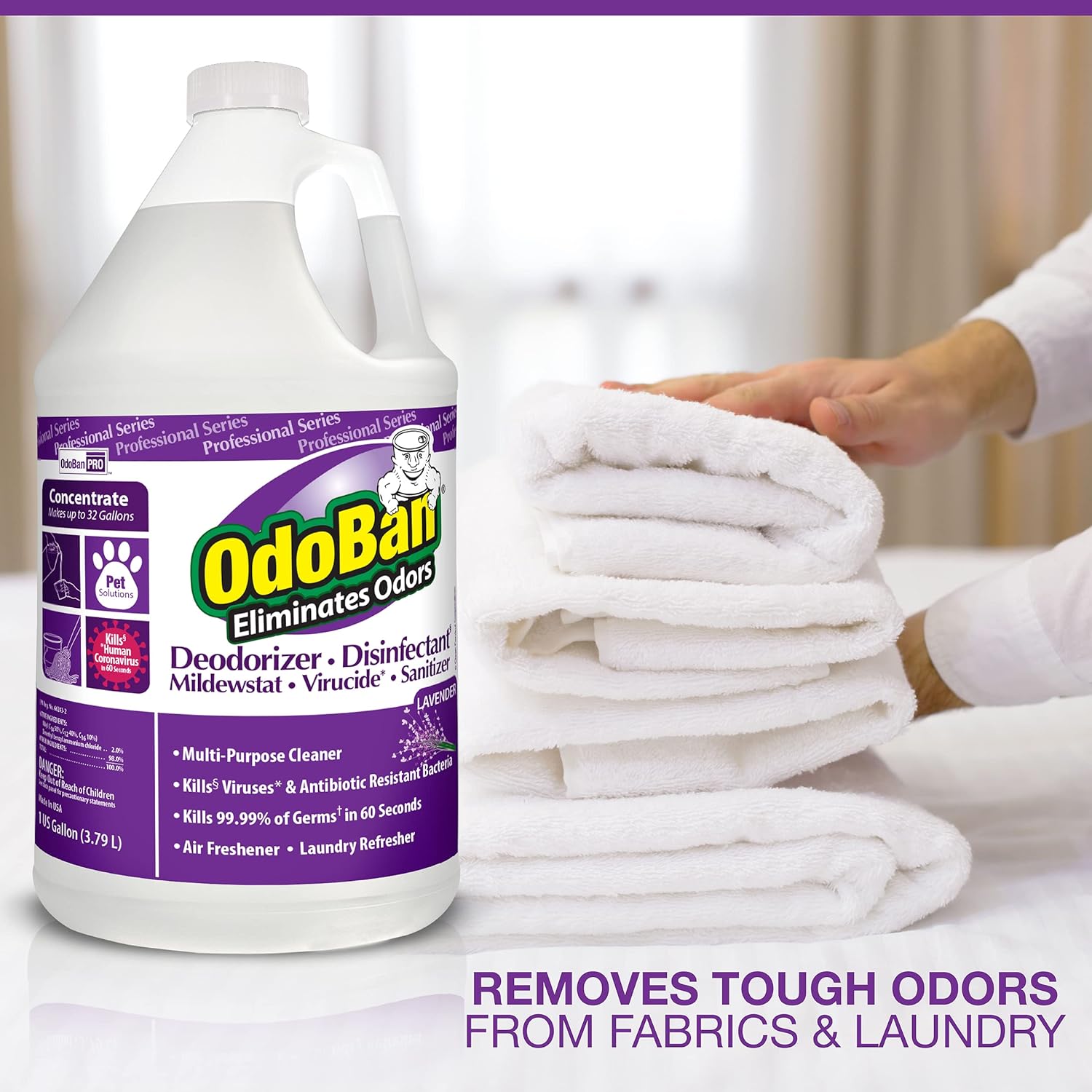 OdoBan Professional Disinfectant and Odor Eliminator Concentrate, Made in the USA, Lavender Scent, 2-Pack, 1 Gallon Each