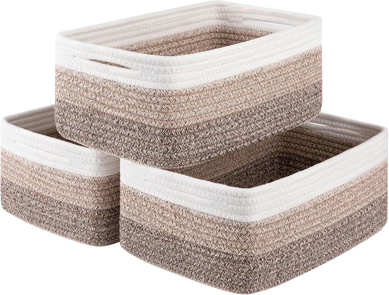 3 Pack Small Storage Baskets for Organizing, Cute Woven Decorative Gift Baskets for Shelves, Mini Closet Organizer Bins with Handles-13''Lx8.66''Wx5.11''H-Brown White