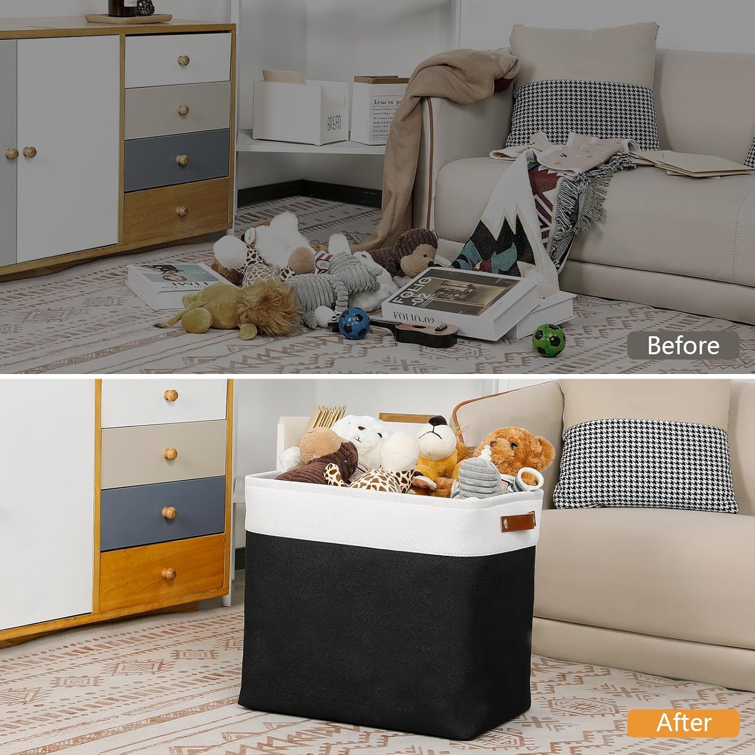 DULLEMELO Fabric Storage Baskets 3 Pack - 17x12x15 inch Large Foldable Fabric Organizer for Storage Decorative Storage Bins for Home,Closet(White&Black)