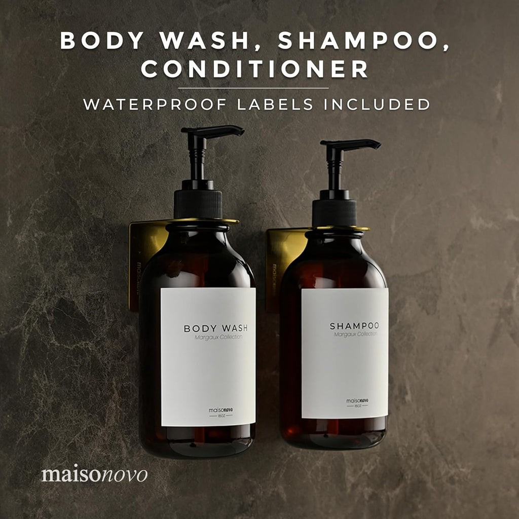 MaisoNovo Shampoo and Conditioner Dispenser - Shower Soap Dispenser Wall Mounted - 16.9 fl oz Set of 2 Amber Plastic Bottles Black Pump - 2 Chamber No Drill