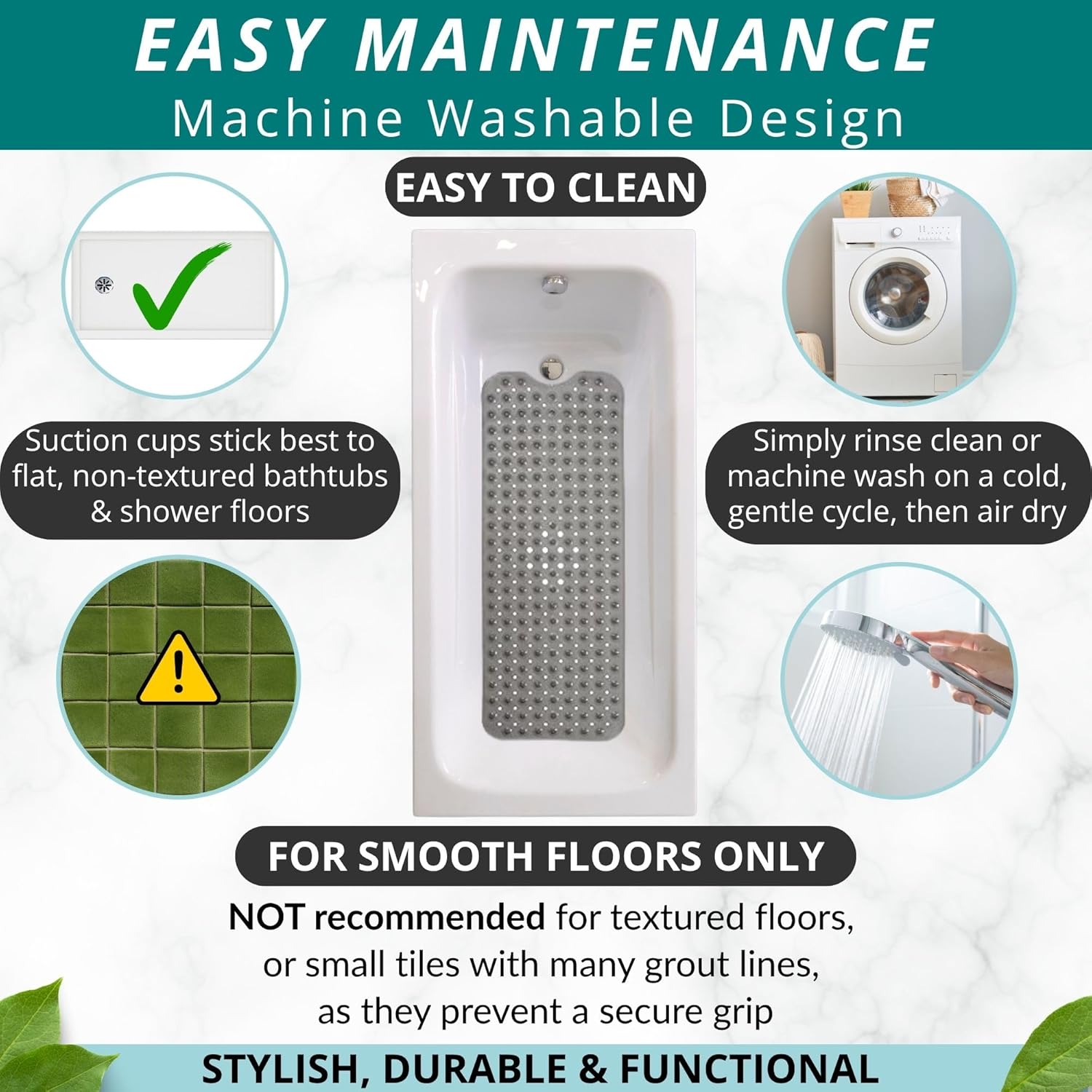 ENKOSI Bathtub Mat – 40 x 16 Inch Extra Long Non Slip Shower Mat – Anti Slip Grey Bath Mat with Suction Cups and Drain Holes – Bathroom Mat for Smooth Tubs and Shower Floors (40x16 Clear Grey)