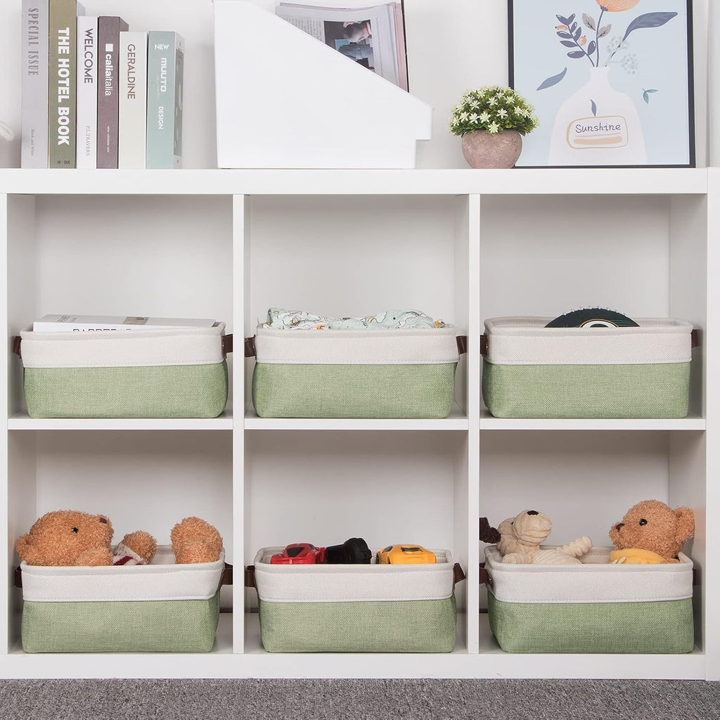 HNZIGE Collapsible Storage Baskets for Shelves(6pack) Small Fabric Bins with Handles, Linen Baskets Organizer Bins for Organizing Closet Nursery Home Shelves(White&Green, 11.8" x 7.8" x 5.1")