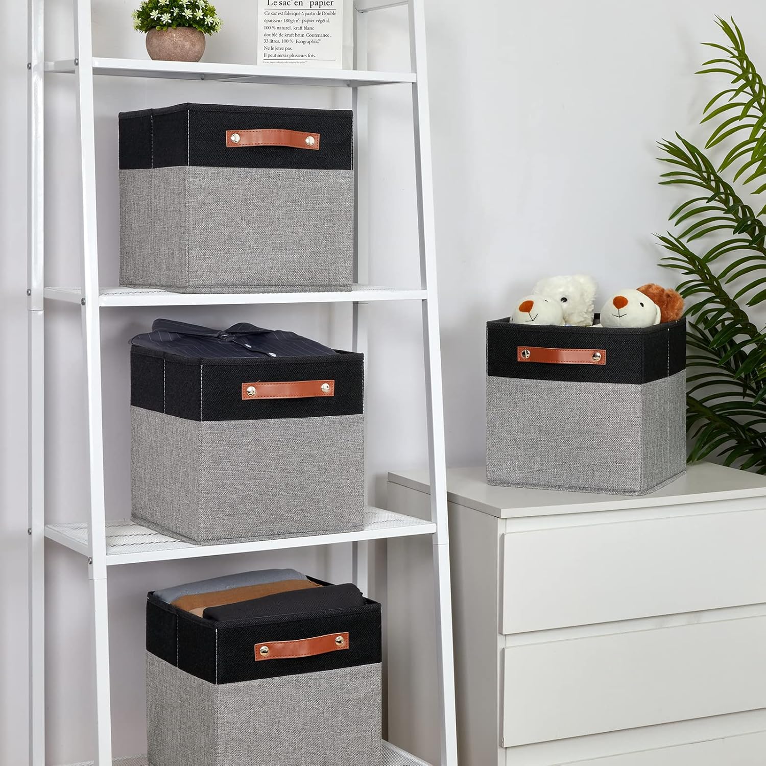 Temary 11 x 11 Cube Storage Bins Fabric Storage Cubes for Shelf, Closet, 4 Pack Cube Basket for Clothes, Storage Cube Bins with Leather Handles(Black&Grey)