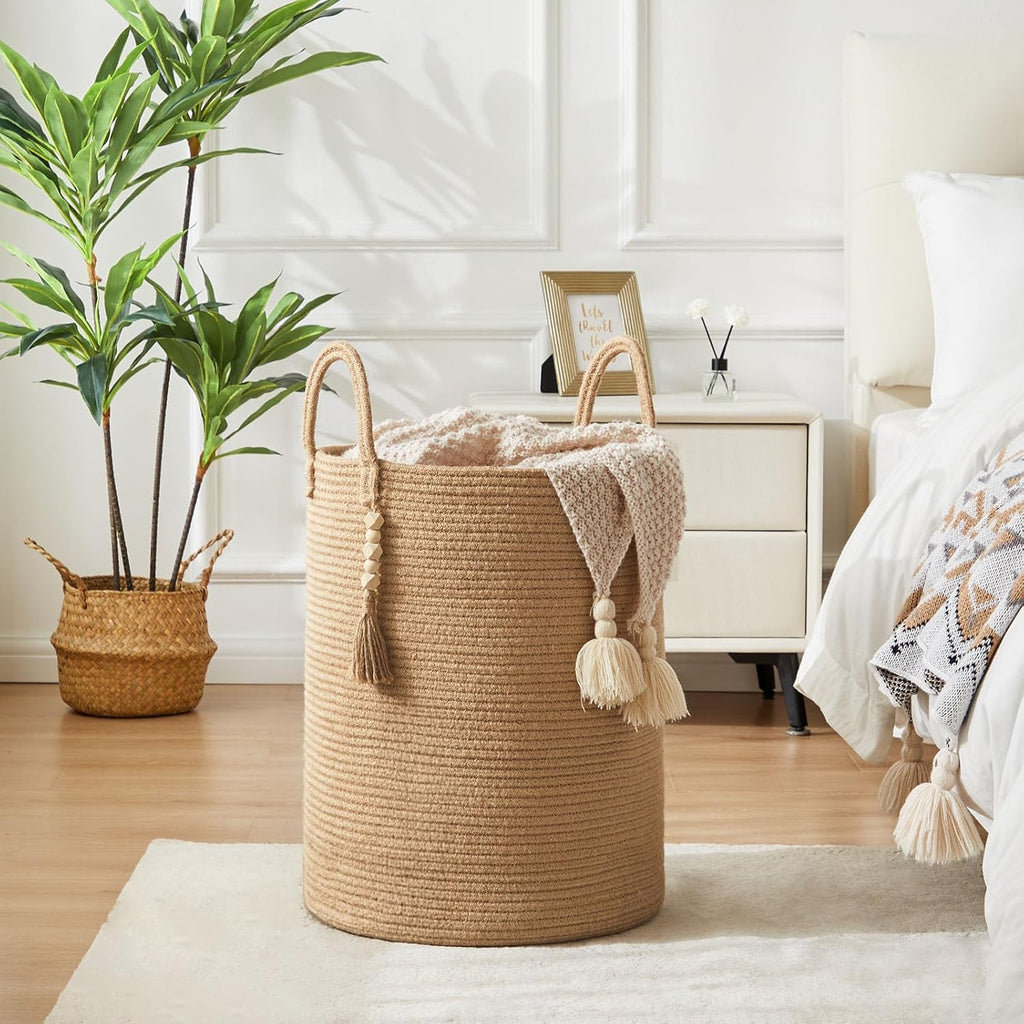 Jute Woven Rope Laundry Hamper, Tall Laundry Basket for Blanket Storage, Large Dirty Clothes Hamper for Toys, Decorative Baby Nursery Hamper for Bedroom, Living Room - Jute Brown, 58L