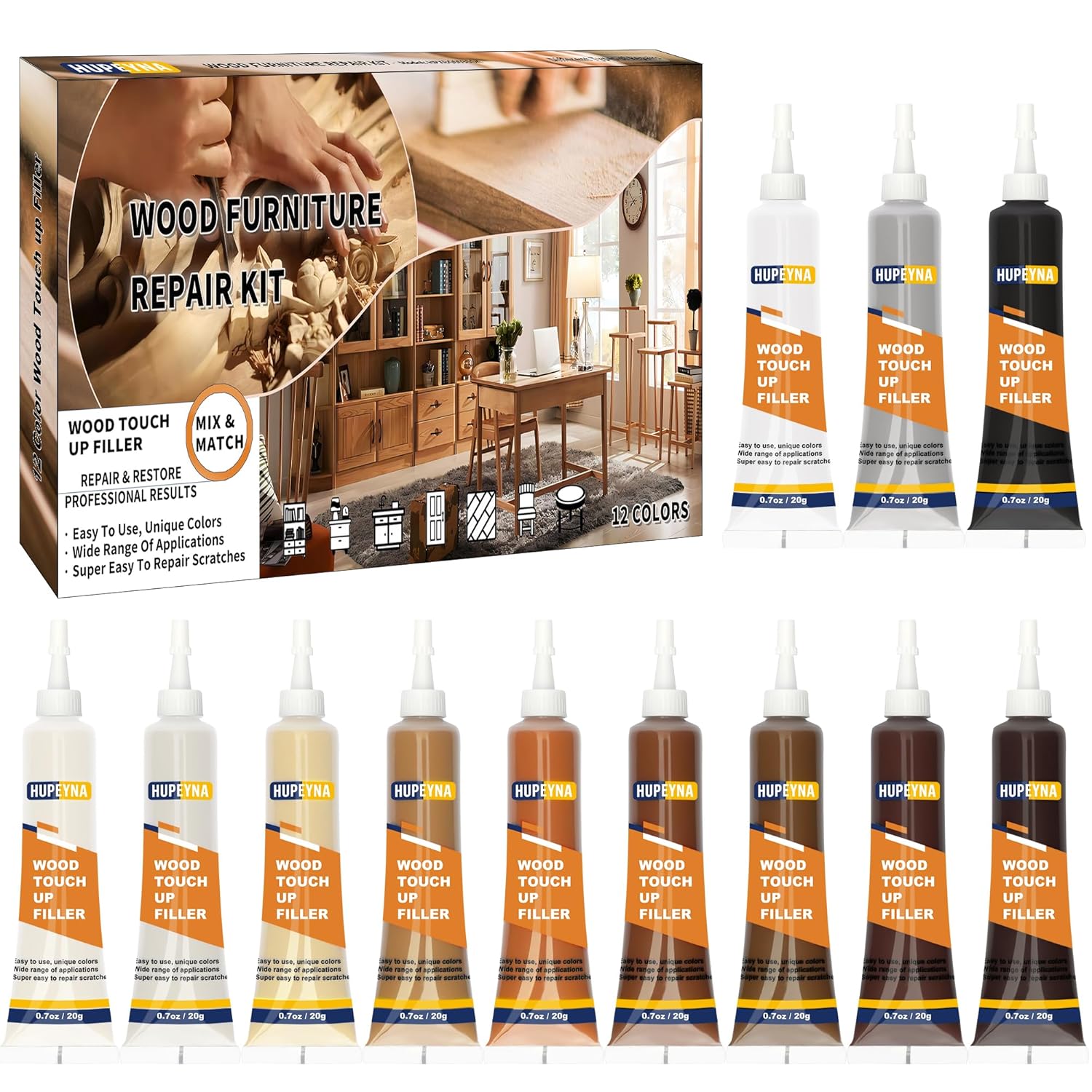 Wood Repair Kit, 12 Color Wood Fillers, Furniture Repair Kit, Repair Scratch, Cracks, Stains, Discoloration for Wood Furniture, Door, Cabinet, Floor, Table Surface Wood Touch up Filler Wood Paint