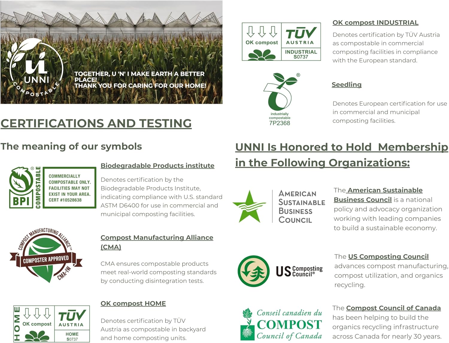 UNNI Compostable Trash Bags, 2.6 Gallon / 9.84 Liter, 100 Count, Extra Thick 0.71 Mil Small Kitchen Food Scrap Bin Liners, Certified by BPI, CMA & OK compost HOME, Meets the ASTM D6400 Standard