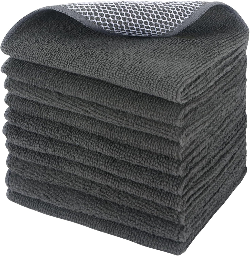 SINLAND Microfiber Dish Cloths Wash Clothes for Kitchen Best Kitchen Cloths Cleaning Cloth Poly Scour Side 12"x12" (10Pack, Dark Grey)