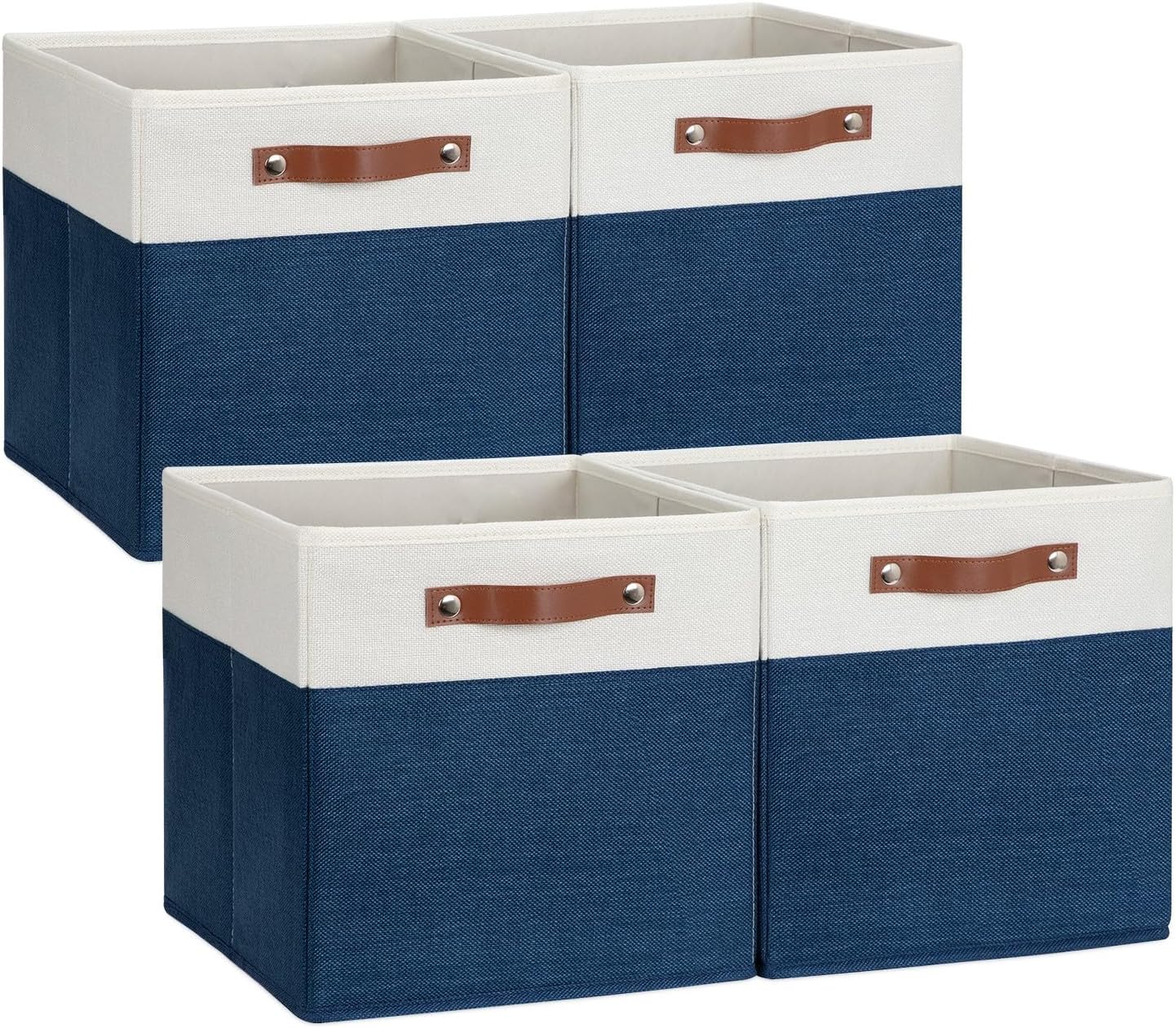 DULLEMELO 12 inch Cube Storage Bins, Gift Baskets Empty for Boy Girl Mother Father Christmas Festival,Fabric Storage Bins Cube Organizer Baskets With Leather Handles(White&Blue-4 Pack)